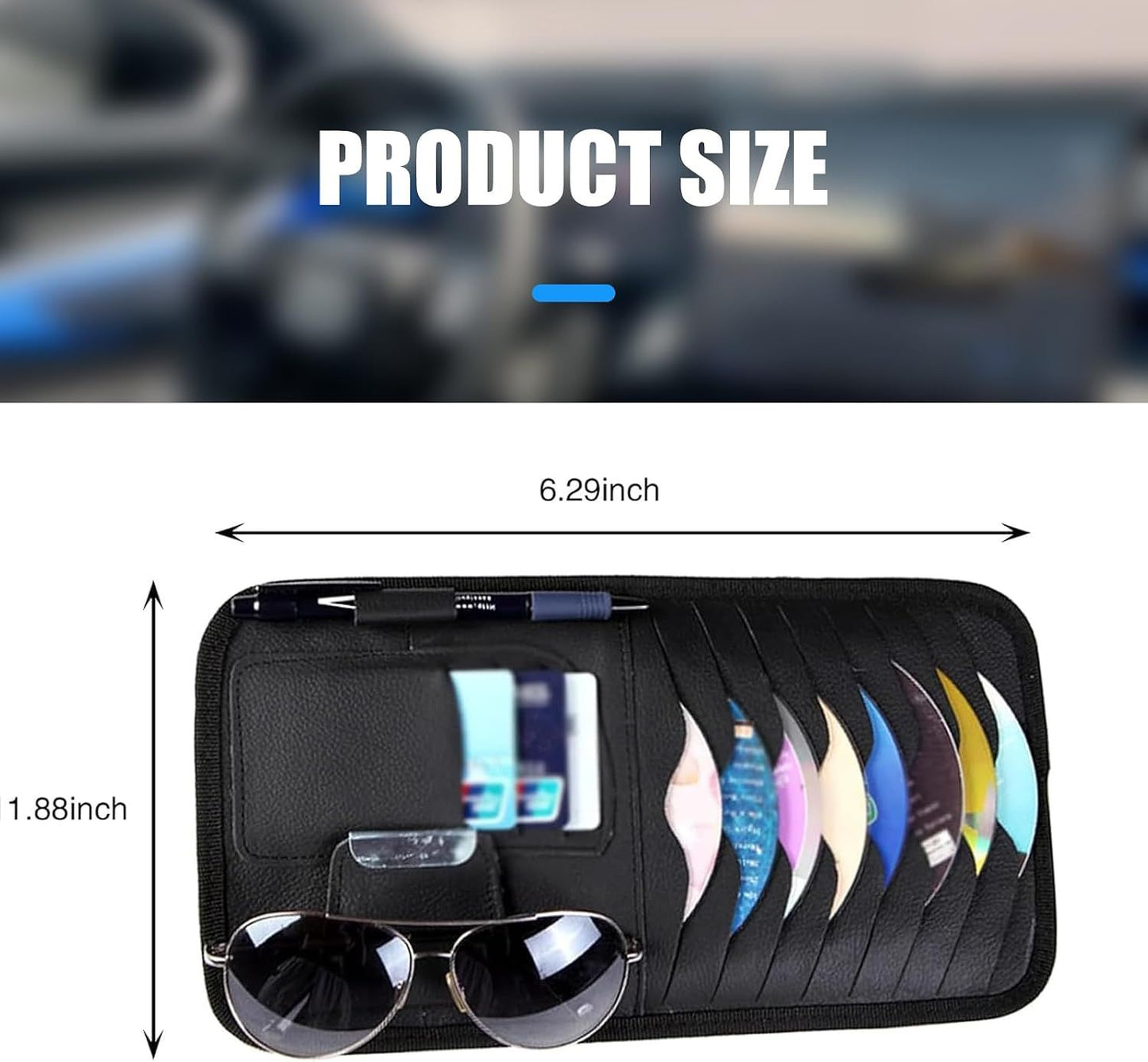 Car Sun Visor CD Holder, Leather Anti-scratch Protective Organizer, Multi-functional Layered Storage Bag for CD Sunglass Card Pen, Clip-on Visor Accessory for Cars (Black)
