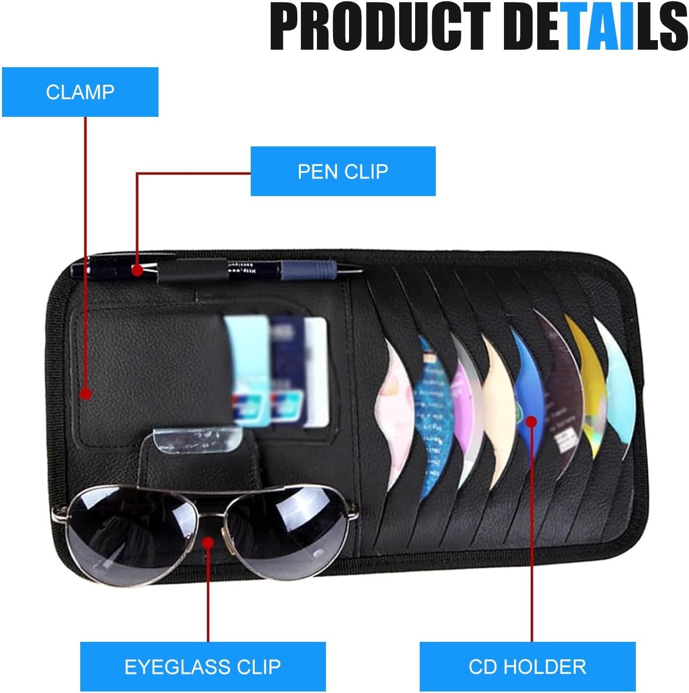 Car Sun Visor CD Holder, Leather Anti-scratch Protective Organizer, Multi-functional Layered Storage Bag for CD Sunglass Card Pen, Clip-on Visor Accessory for Cars (Black)