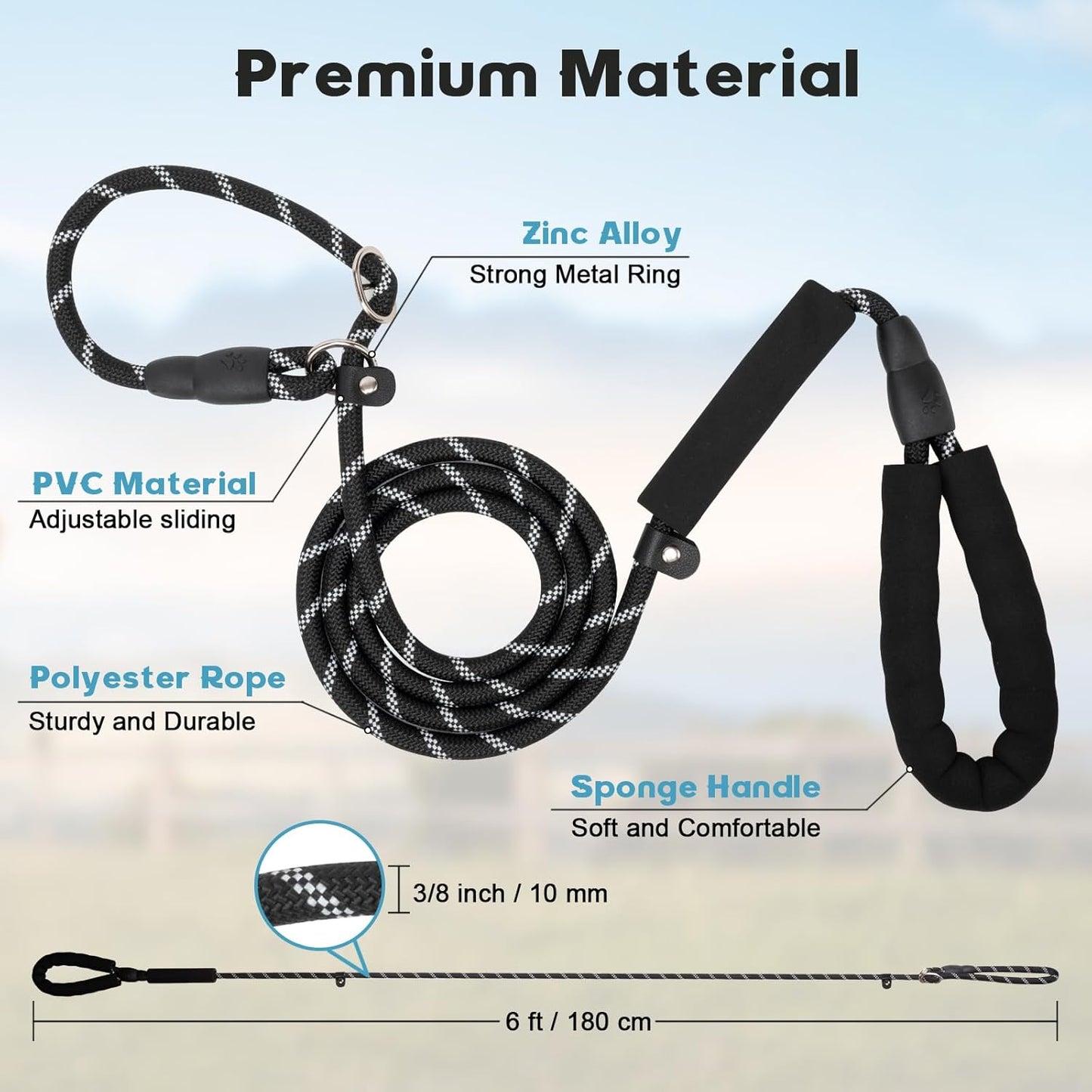 Dog Leash 6 FT with Comfortable Padded Handle, Training Loop Leash with Highly Reflective Threading for Medium Dogs, Black