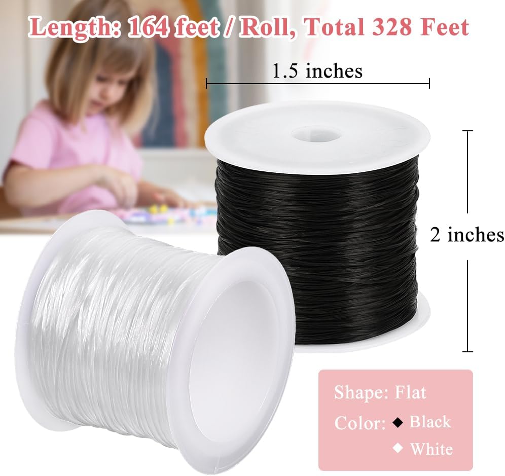 0.8mm Flat Stretchy Bracelet String, 2 Rolls 328 Feet Elastic String Bead Cord for Bracelets, Necklaces, Jewelry Making Supplies (Black, White)