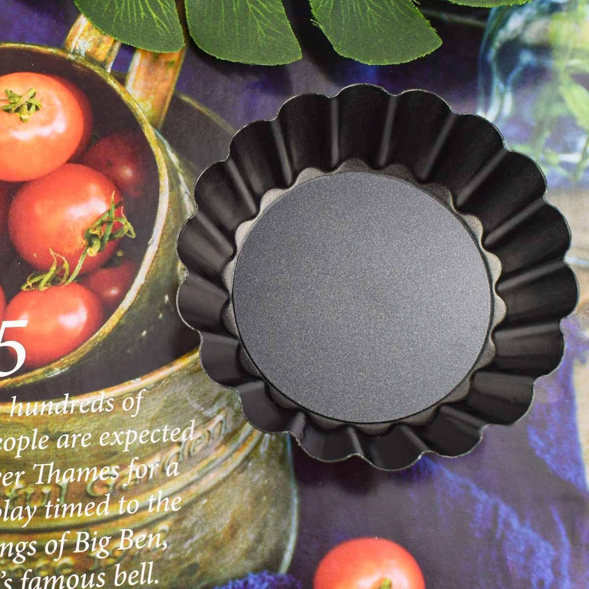 4 Pack Tart Pans Tortilla Pan Set Mini Molds Carbon Steel Taco Shell for Baking 3 Inch Salad Bowl Maker with Removable Bottom NonStick Fluted Side Quiche Cakes Pies (Black)