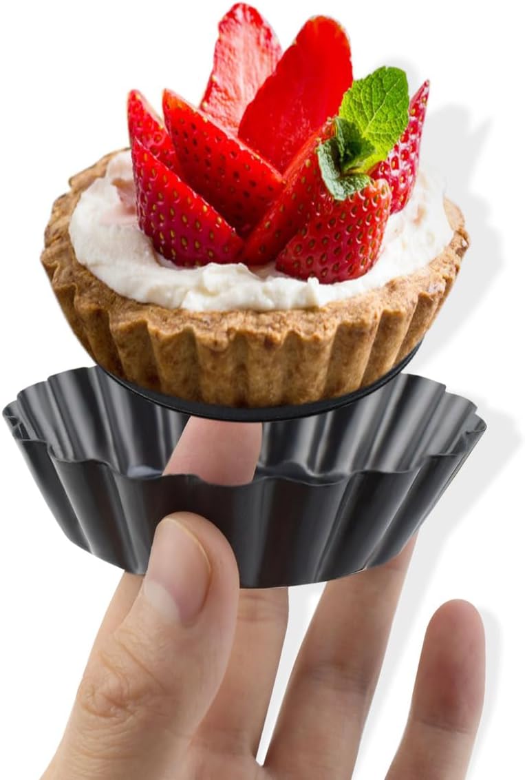 4 Pack Tart Pans Tortilla Pan Set Mini Molds Carbon Steel Taco Shell for Baking 3 Inch Salad Bowl Maker with Removable Bottom NonStick Fluted Side Quiche Cakes Pies (Black)