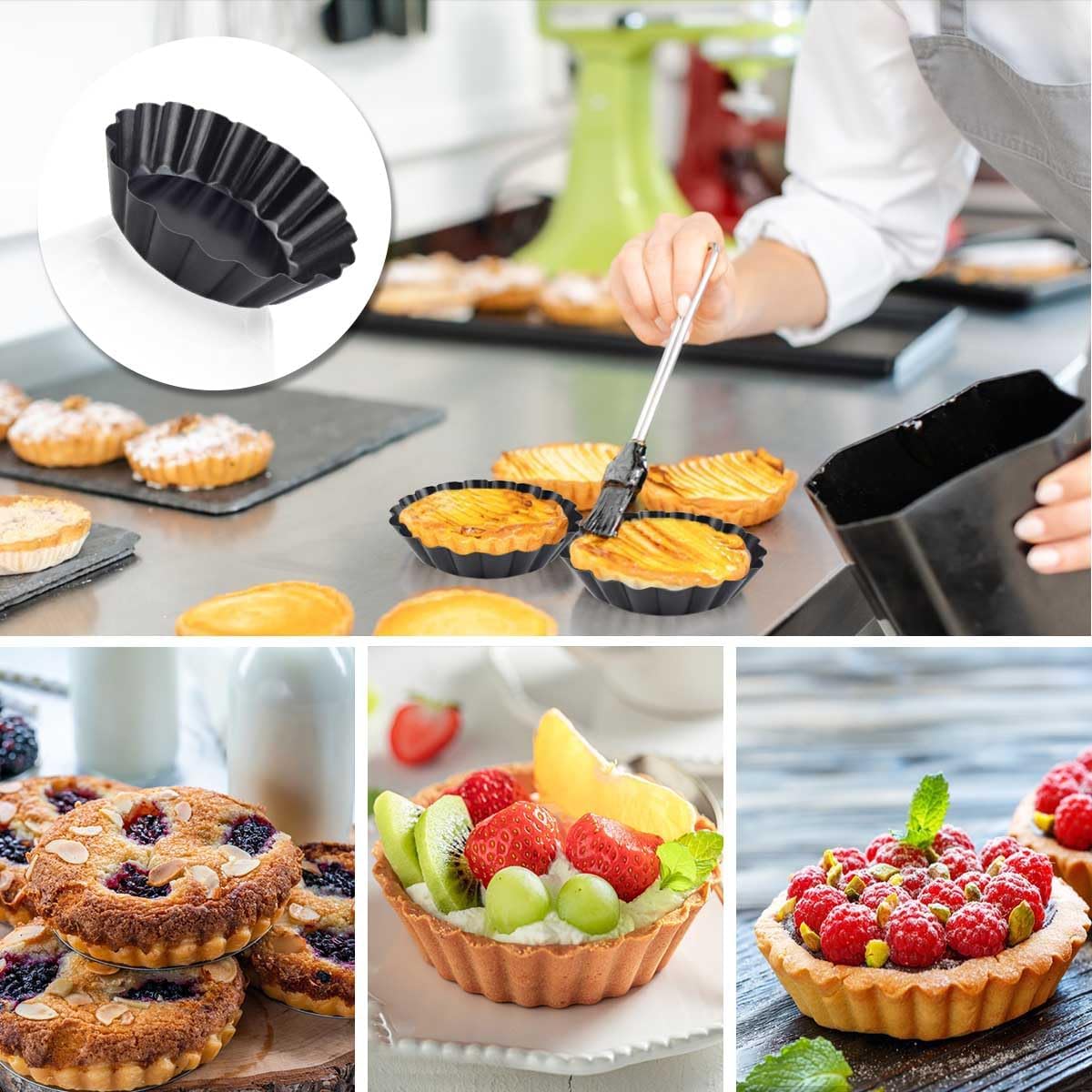 4 Pack Tart Pans Tortilla Pan Set Mini Molds Carbon Steel Taco Shell for Baking 3 Inch Salad Bowl Maker with Removable Bottom NonStick Fluted Side Quiche Cakes Pies (Black)