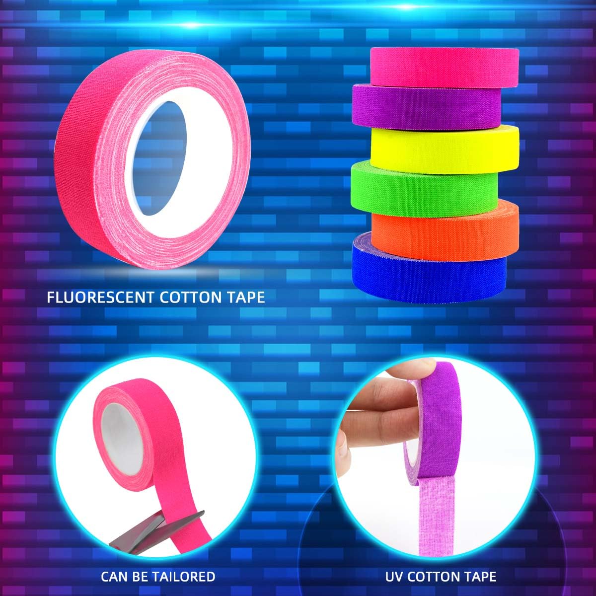 Petluno 6 Color Neon Cloth Tape - Fluorescent UV Blacklight Glow Party Fiesta Reactive in The Dark Gaffer Supplies for Events Adhesive Black Light Set