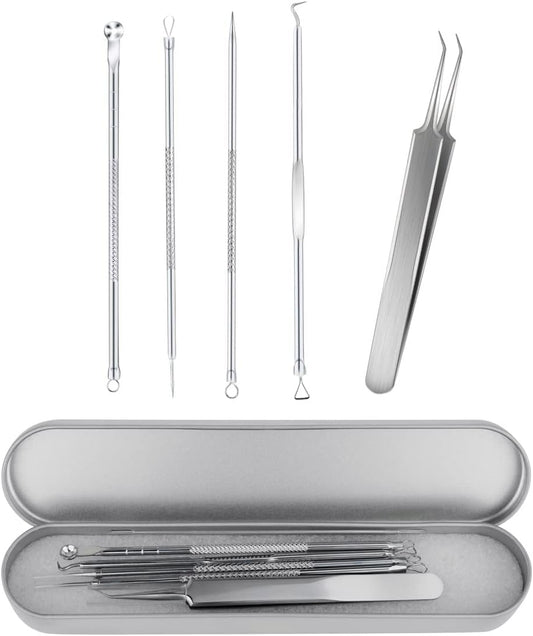 Blackhead Remover Tool Pimple Popper Kit 5 Pack Extractor Tools with Case Comedone Zit Acne Blemish Whitehead Removal Professional Stainless Steel for Face Nose