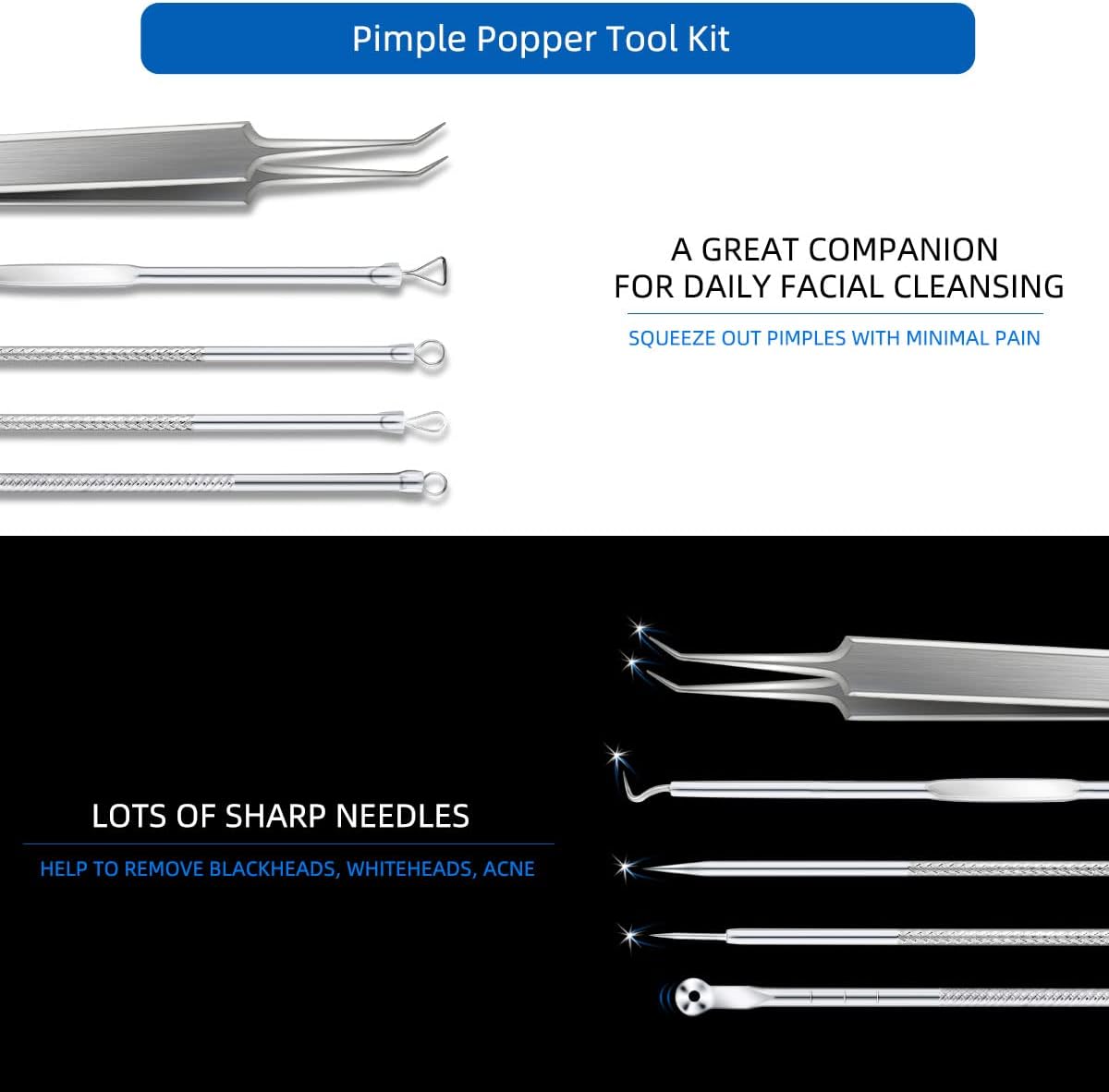 Blackhead Remover Tool Pimple Popper Kit 5 Pack Extractor Tools with Case Comedone Zit Acne Blemish Whitehead Removal Professional Stainless Steel for Face Nose