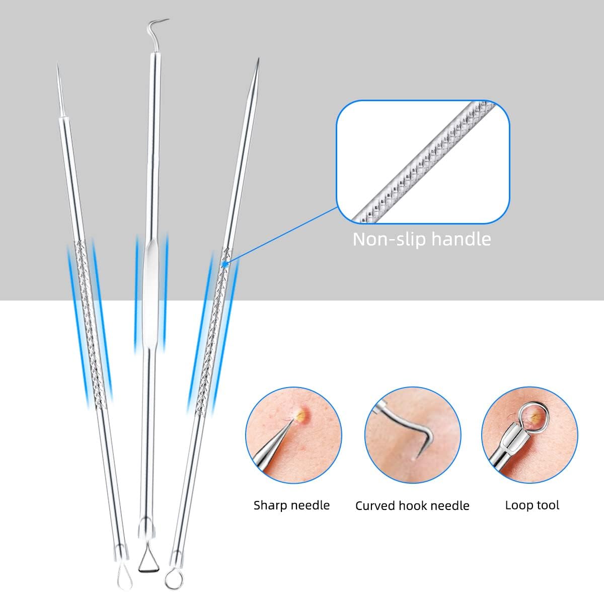 Blackhead Remover Tool Pimple Popper Kit 5 Pack Extractor Tools with Case Comedone Zit Acne Blemish Whitehead Removal Professional Stainless Steel for Face Nose