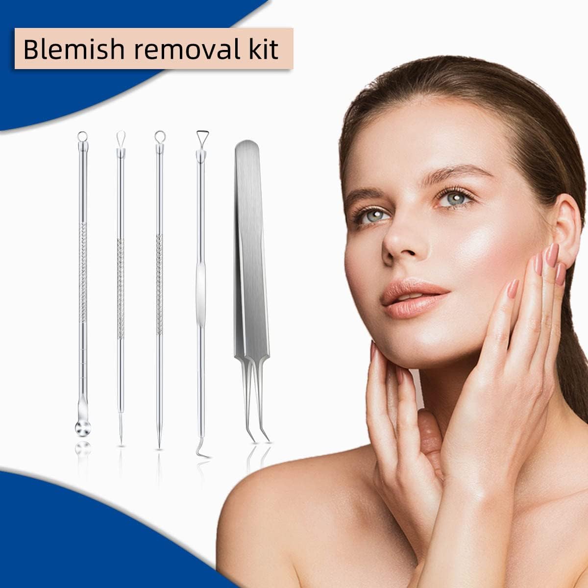 Blackhead Remover Tool Pimple Popper Kit 5 Pack Extractor Tools with Case Comedone Zit Acne Blemish Whitehead Removal Professional Stainless Steel for Face Nose