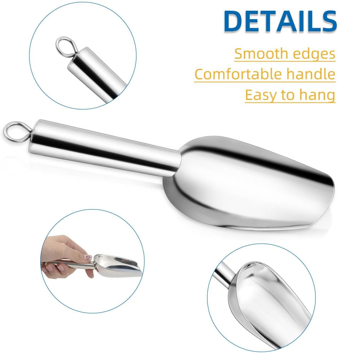 Stainless Steel Ice Scoop Metal for Candy Pet Food Flour Coffee Beans Sugar Kitchen Scooper Maker Dishwasher Safe Small Scoops Bar Party Wedding Utility (Silver)