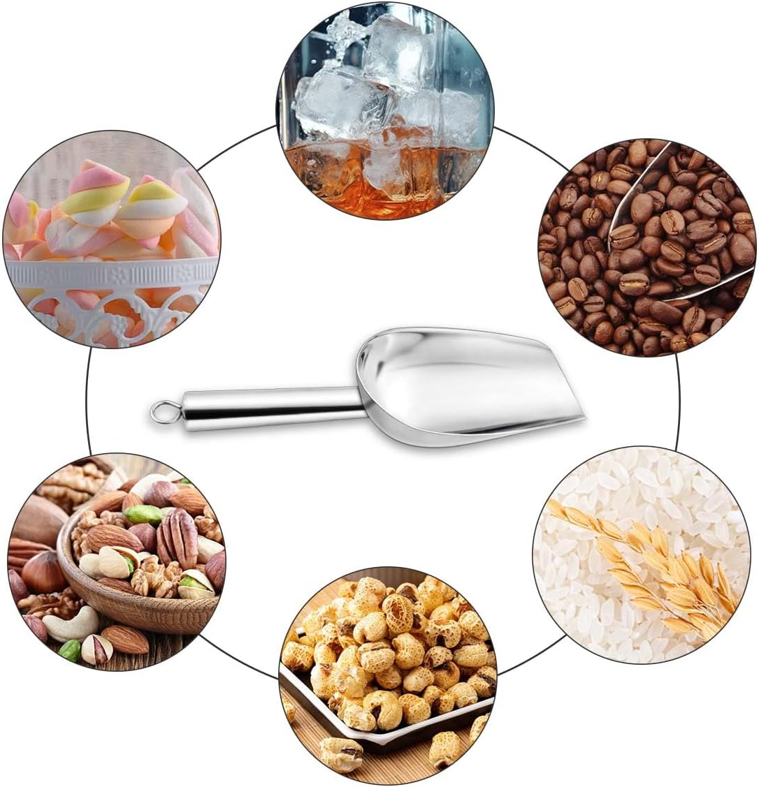 Stainless Steel Ice Scoop Metal for Candy Pet Food Flour Coffee Beans Sugar Kitchen Scooper Maker Dishwasher Safe Small Scoops Bar Party Wedding Utility (Silver)