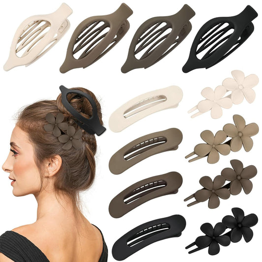 12 Pcs Neutral Colors Flat Hair Clips,  Flat Claw Clip for Women, Matte Non-Slip Flower Claw Clips for Thin Thick Hair, Suitable for Women and Girls Wedding Party Accessories