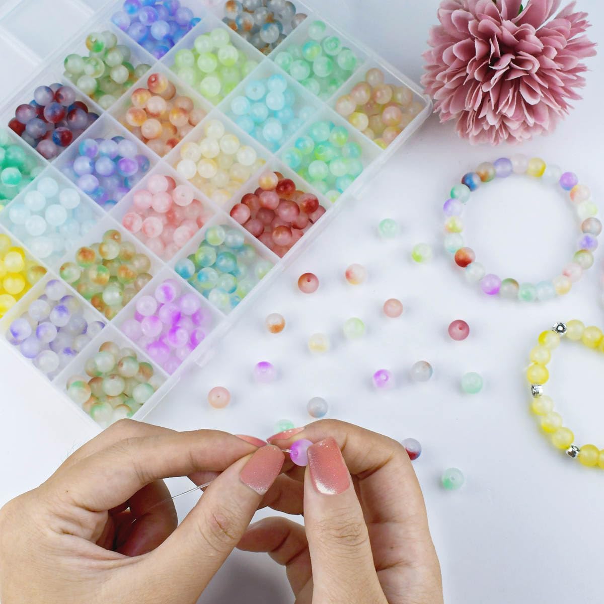 480 Piece Glass Beads - 8mm Round Crystal for Jewelry Making 24 Colors DIY Chakra Kit