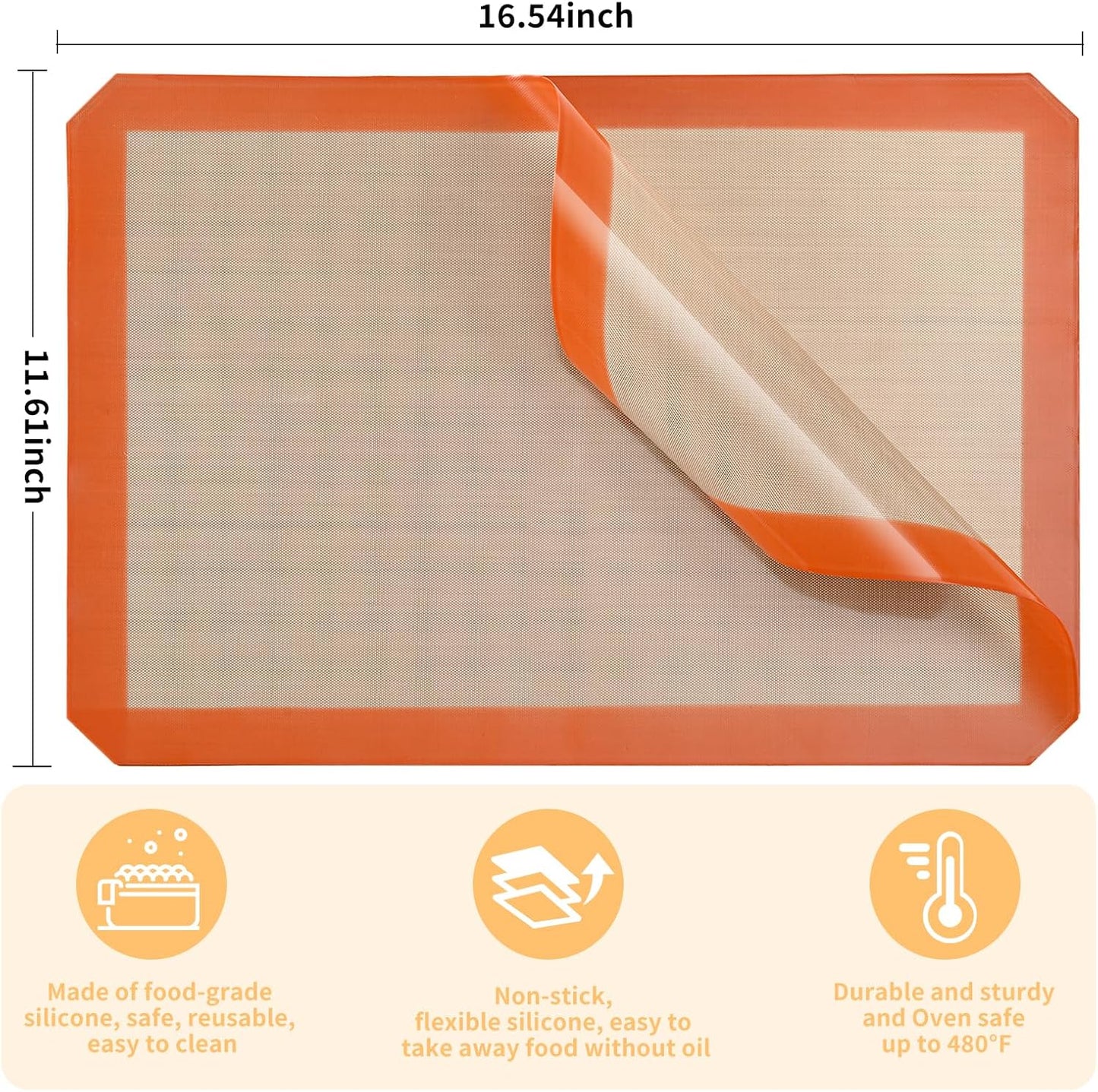 2-Pack Silicone Baking Mats – Non-Stick Reusable BPA-Free Oven Liners, 100% Food-Grade Silicone, Fit Half Sheet Pans (16.54" x 11.62") for Cookies, Pastry & More Orange/Beige, 0.4mm