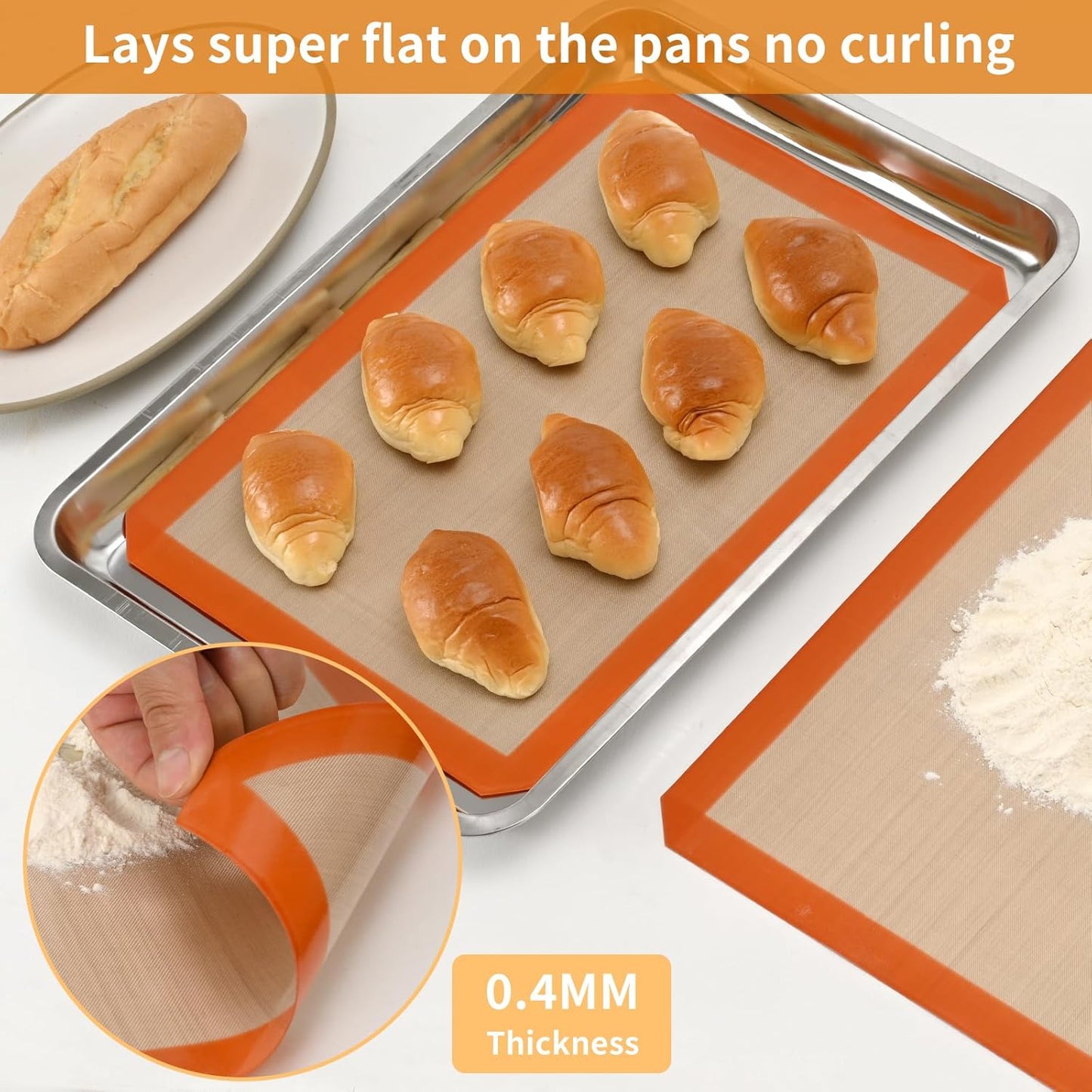 2-Pack Silicone Baking Mats – Non-Stick Reusable BPA-Free Oven Liners, 100% Food-Grade Silicone, Fit Half Sheet Pans (16.54" x 11.62") for Cookies, Pastry & More Orange/Beige, 0.4mm