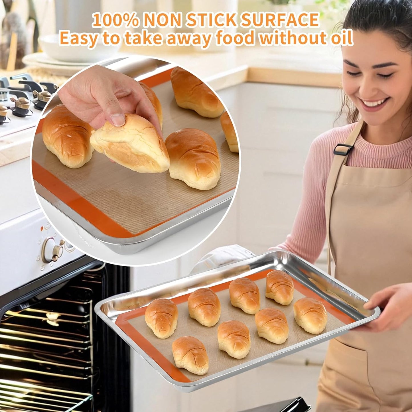 2-Pack Silicone Baking Mats – Non-Stick Reusable BPA-Free Oven Liners, 100% Food-Grade Silicone, Fit Half Sheet Pans (16.54" x 11.62") for Cookies, Pastry & More Orange/Beige, 0.4mm