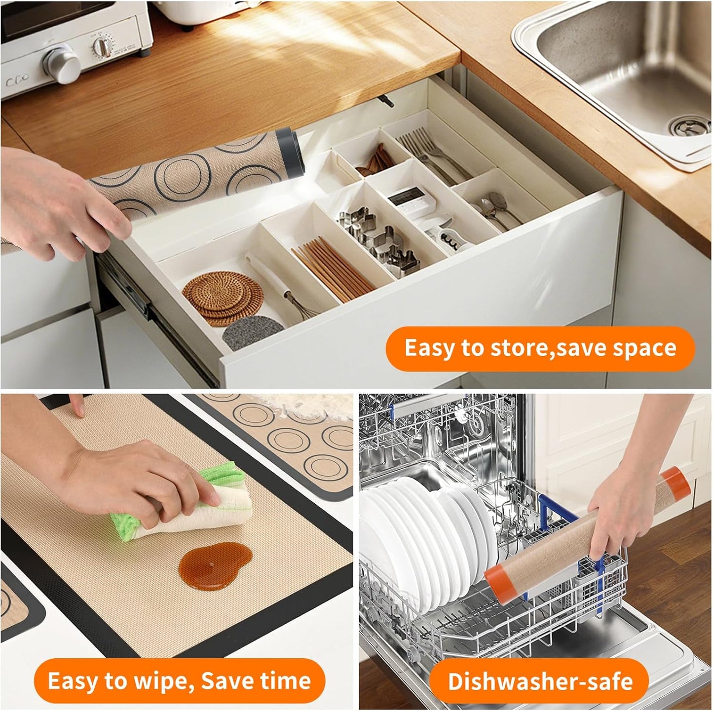 2-Pack Silicone Baking Mats – Non-Stick Reusable BPA-Free Oven Liners, 100% Food-Grade Silicone, Fit Half Sheet Pans (16.54" x 11.62") for Cookies, Pastry & More Orange/Beige, 0.4mm