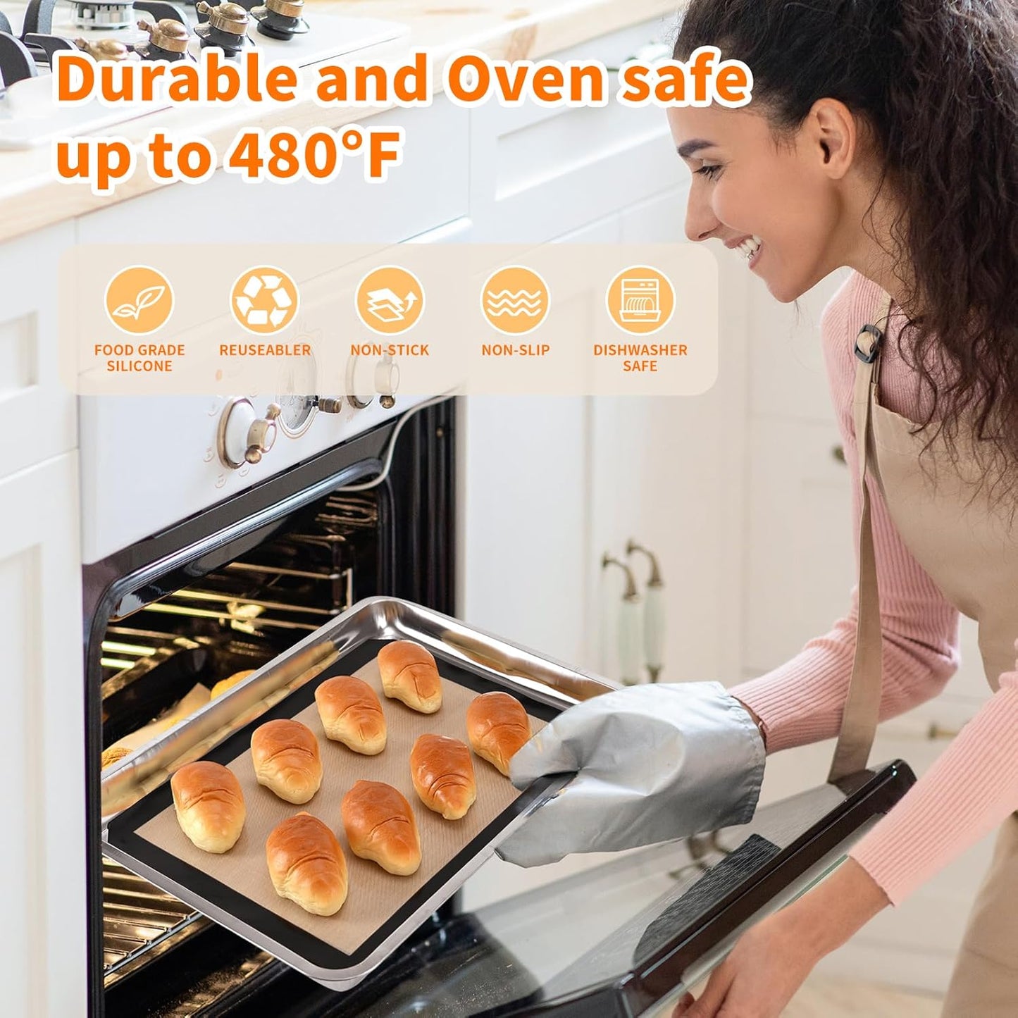 2-Pack Silicone Baking Mats – Non-Stick Reusable BPA-Free Oven Liners, 100% Food-Grade Silicone, Fit Half Sheet Pans (16.54" x 11.62") for Cookies, Pastry & More Orange/Beige, 0.4mm