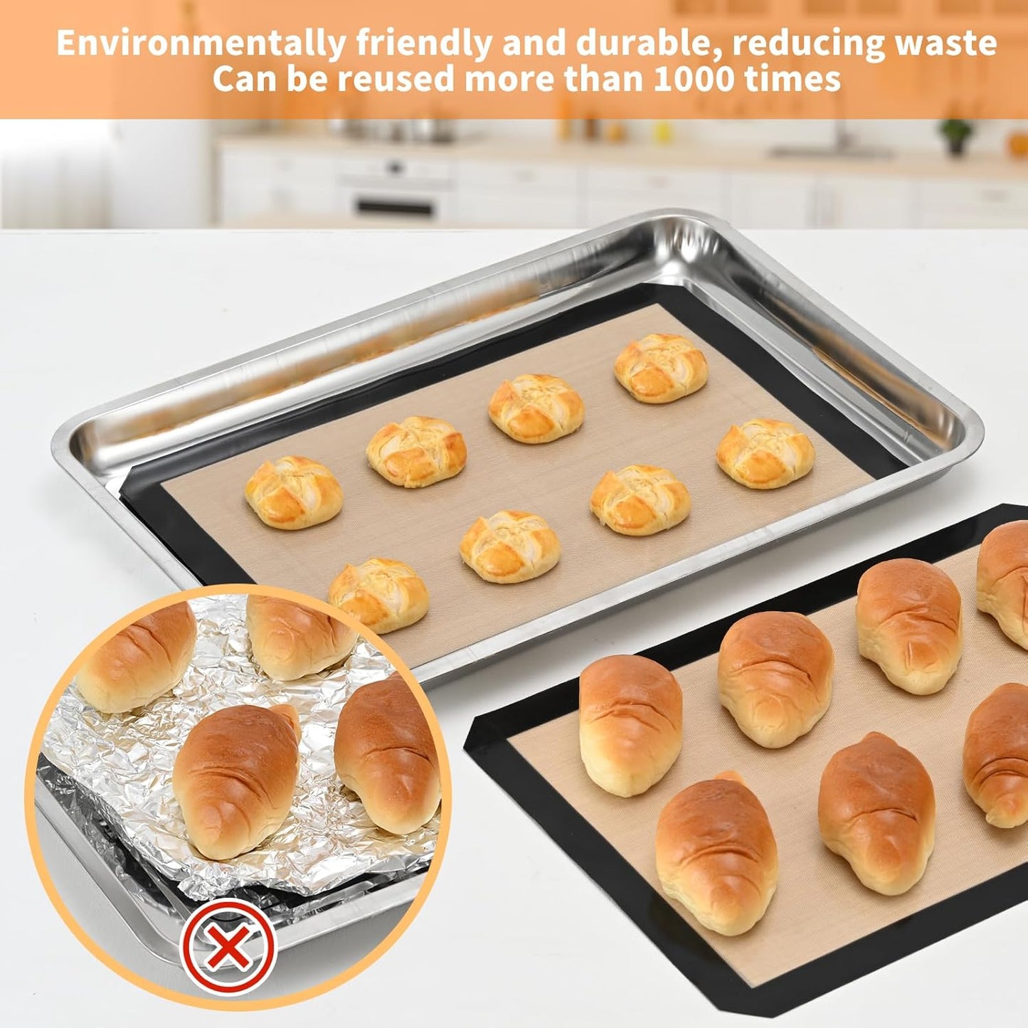 2-Pack Silicone Baking Mats – Non-Stick Reusable BPA-Free Oven Liners, 100% Food-Grade Silicone, Fit Half Sheet Pans (16.54" x 11.62") for Cookies, Pastry & More Orange/Beige, 0.4mm