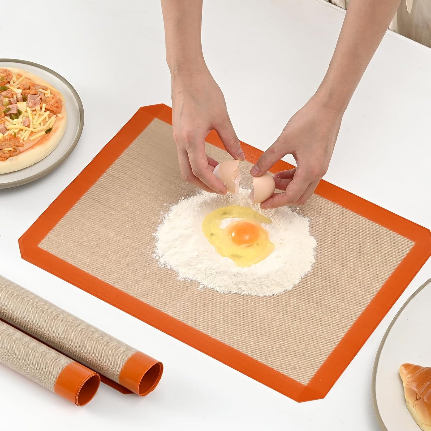 2-Pack Silicone Baking Mats – Non-Stick Reusable BPA-Free Oven Liners, 100% Food-Grade Silicone, Fit Half Sheet Pans (16.54" x 11.62") for Cookies, Pastry & More Orange/Beige, 0.4mm