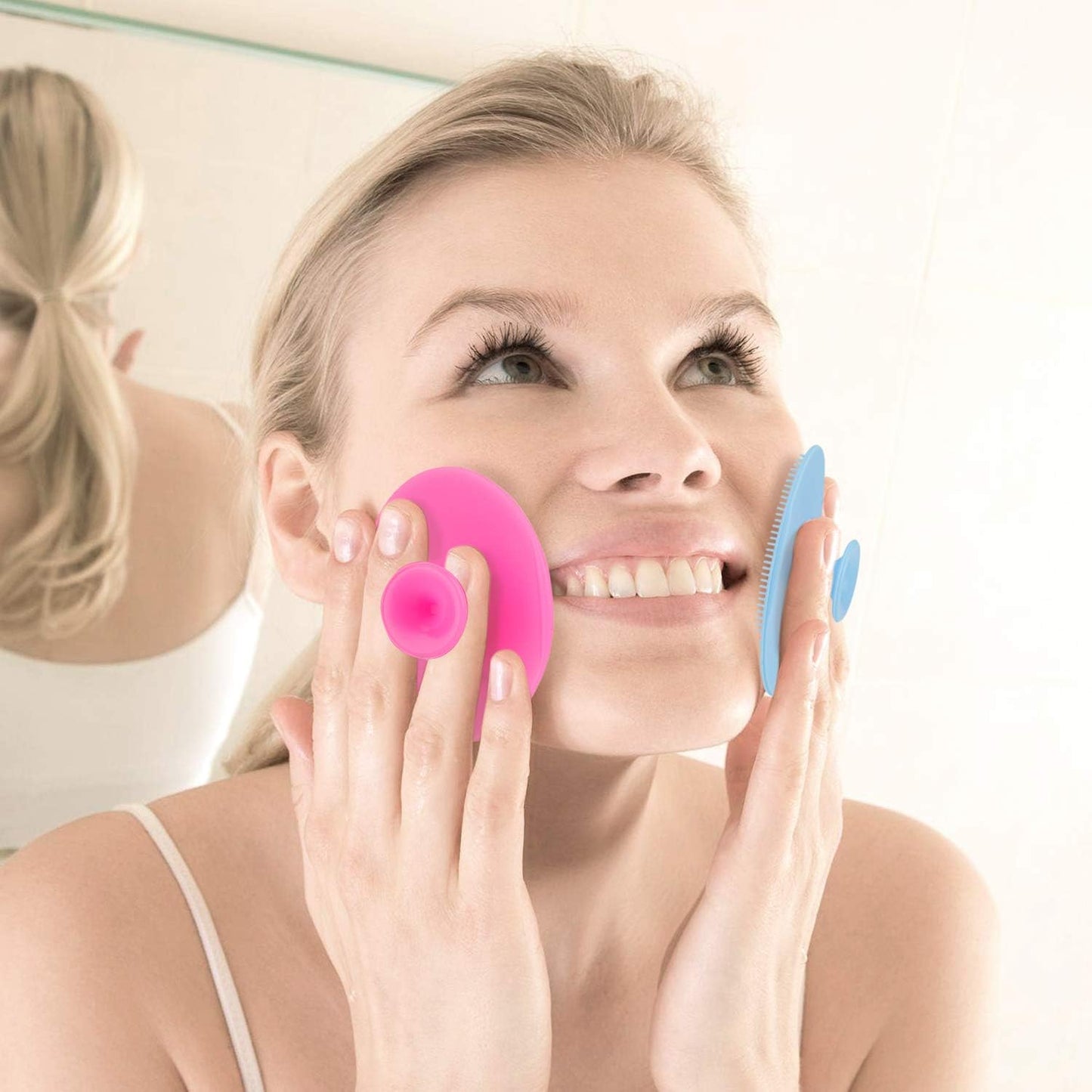 Face Scrubber,2 Pack Soft Silicone Scrubbies Facial Cleansing Pad Exfoliator Scrub Brush Scrubby for Massage Pore Blackhead Removing Exfoliating,Cool Gift Girl Rose Pink+blue; 2