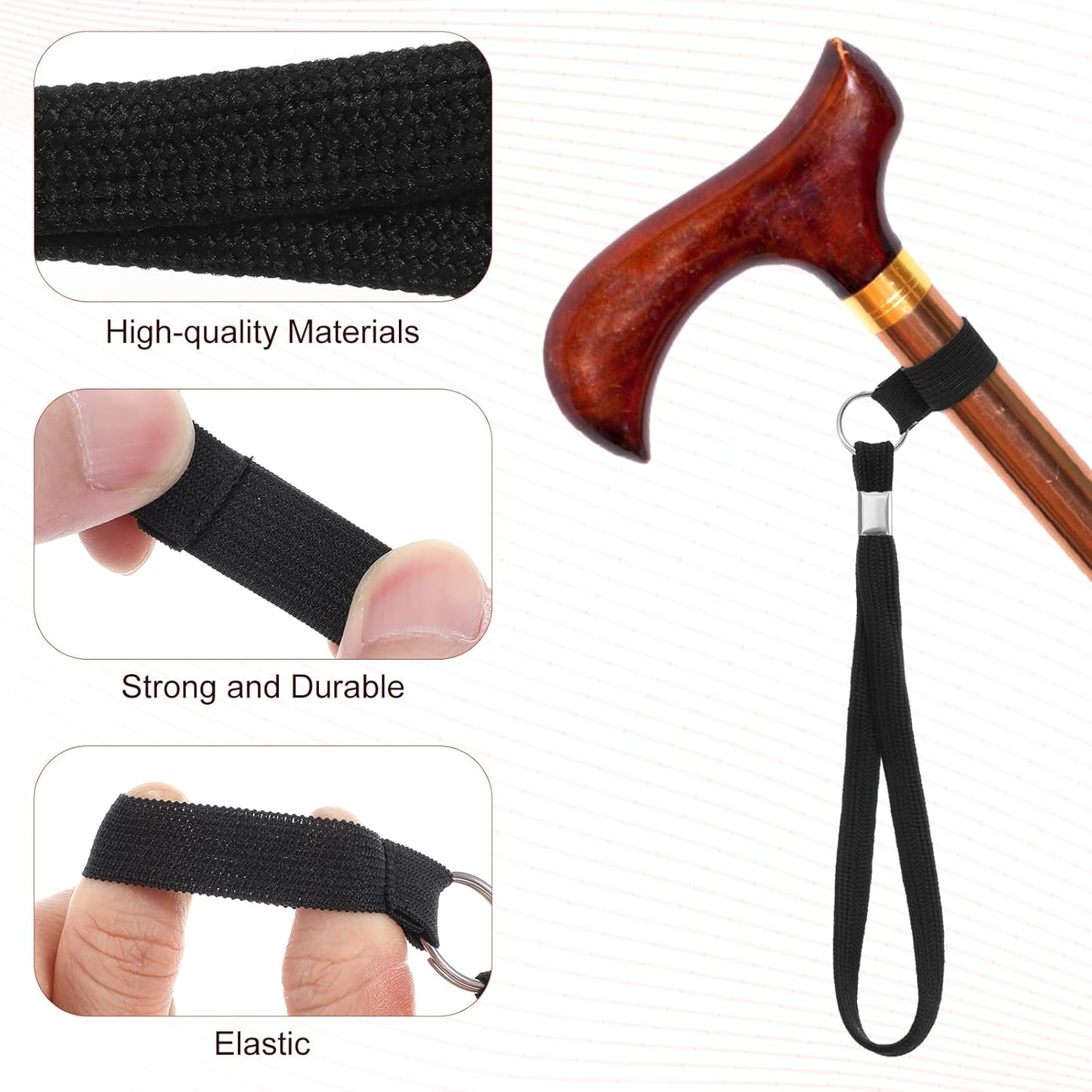 5PCS Walking Cane Wrist Strap Replacement, Black Adjustable Wrist Strap Lanyard Elastic Loop Universal Walking Cane Handle Crutch Straps Accessories for Foldable Sticks Standing Canes Seniors Crutches