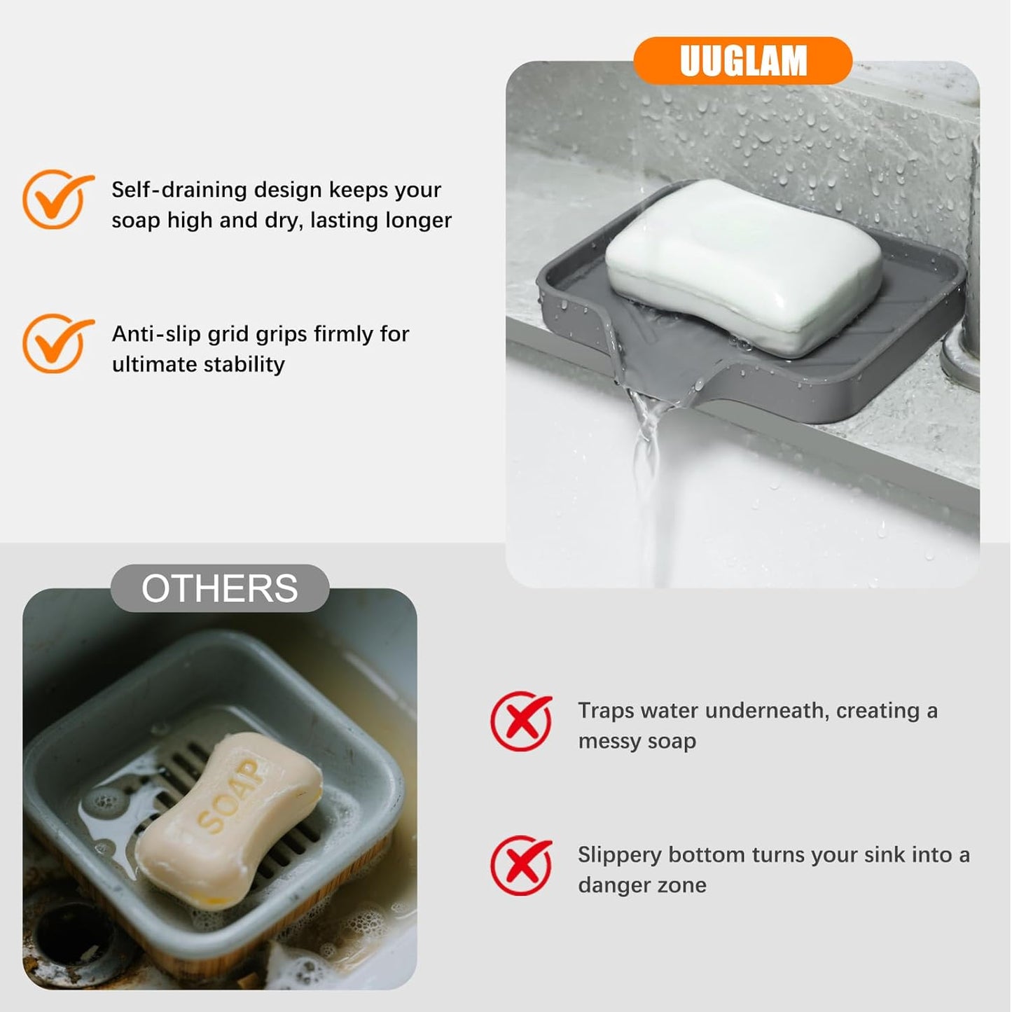 Silicone Soap Dish for Shower with Self Draining, 2 Pack Soap Holder for Bathroom, Silicone Sponge Holder for Kitchen Sink, Soap Tray for Dispenser, Scrubber, Bottle, 4.7"×3.9", Grey & Beige White