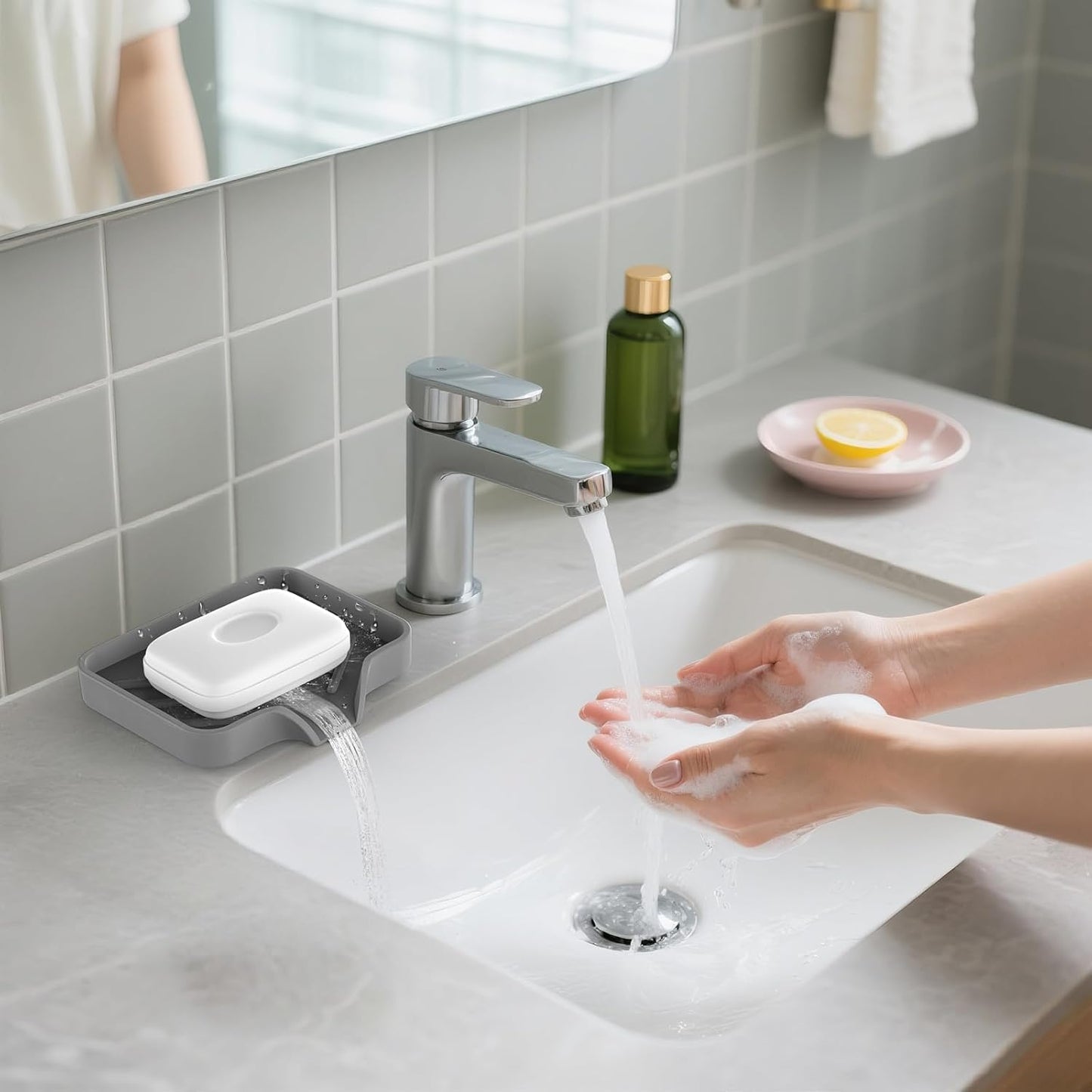 Silicone Soap Dish for Shower with Self Draining, 2 Pack Soap Holder for Bathroom, Silicone Sponge Holder for Kitchen Sink, Soap Tray for Dispenser, Scrubber, Bottle, 4.7"×3.9", Grey & Beige White
