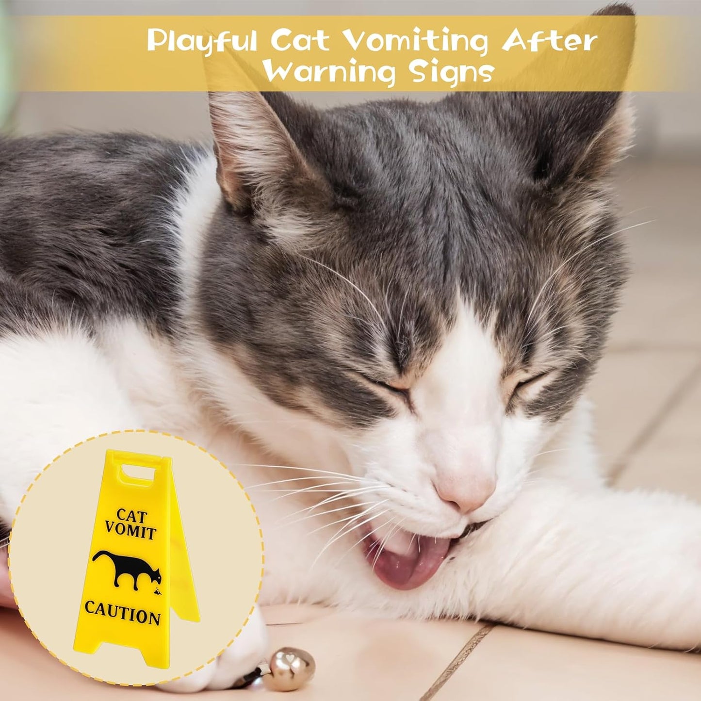 Xindojuz 3 PCS Cat Vomit Caution Sign, 3D Double-sided Printed Funny Cats Warning Signs Decor, Mini Novelty Table Desk Plaque, Perfect Gag Gifts for Cat Lovers and Humor Enthusiasts (4 Inch, Yellow)