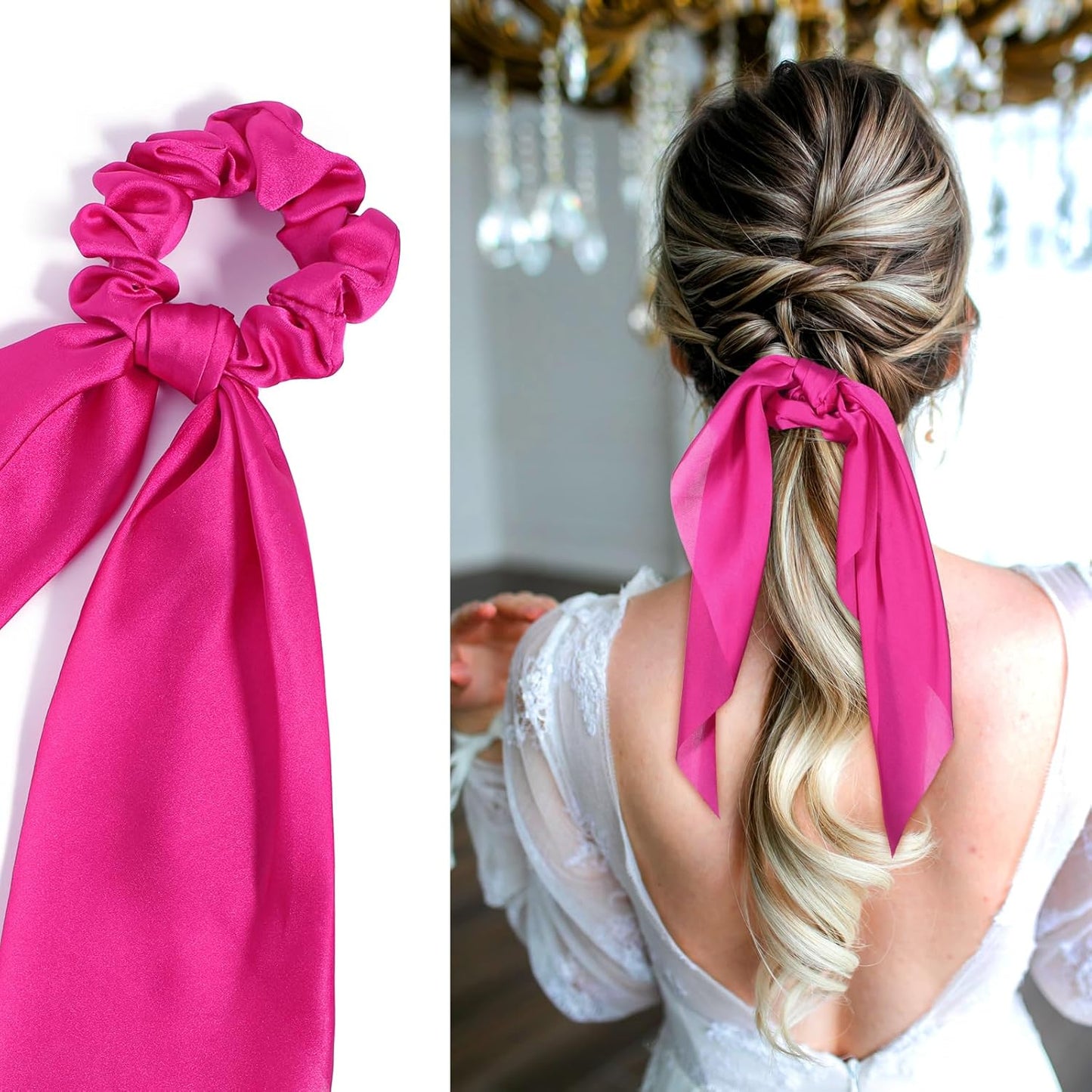 Knotted Bow Scrunchies 2 PCS Silk Scarf Scrunchies Ponytail Holders Hairs Ribbons Ponytail Scarf Knotted Bow Silk Hairs Ties Satin Hair Ribbon Scrunchy for Women Thick Thin Long Hair (Pink)