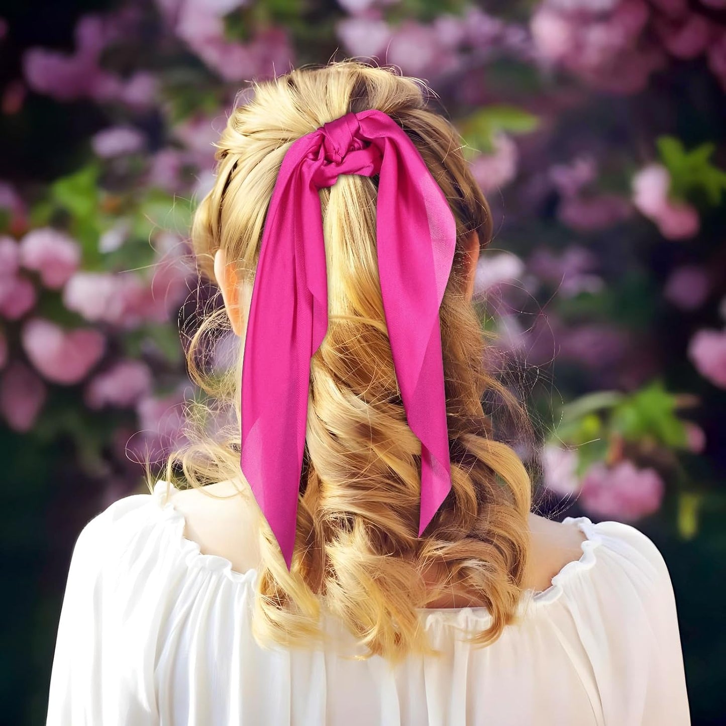 Knotted Bow Scrunchies 2 PCS Silk Scarf Scrunchies Ponytail Holders Hairs Ribbons Ponytail Scarf Knotted Bow Silk Hairs Ties Satin Hair Ribbon Scrunchy for Women Thick Thin Long Hair (Pink)