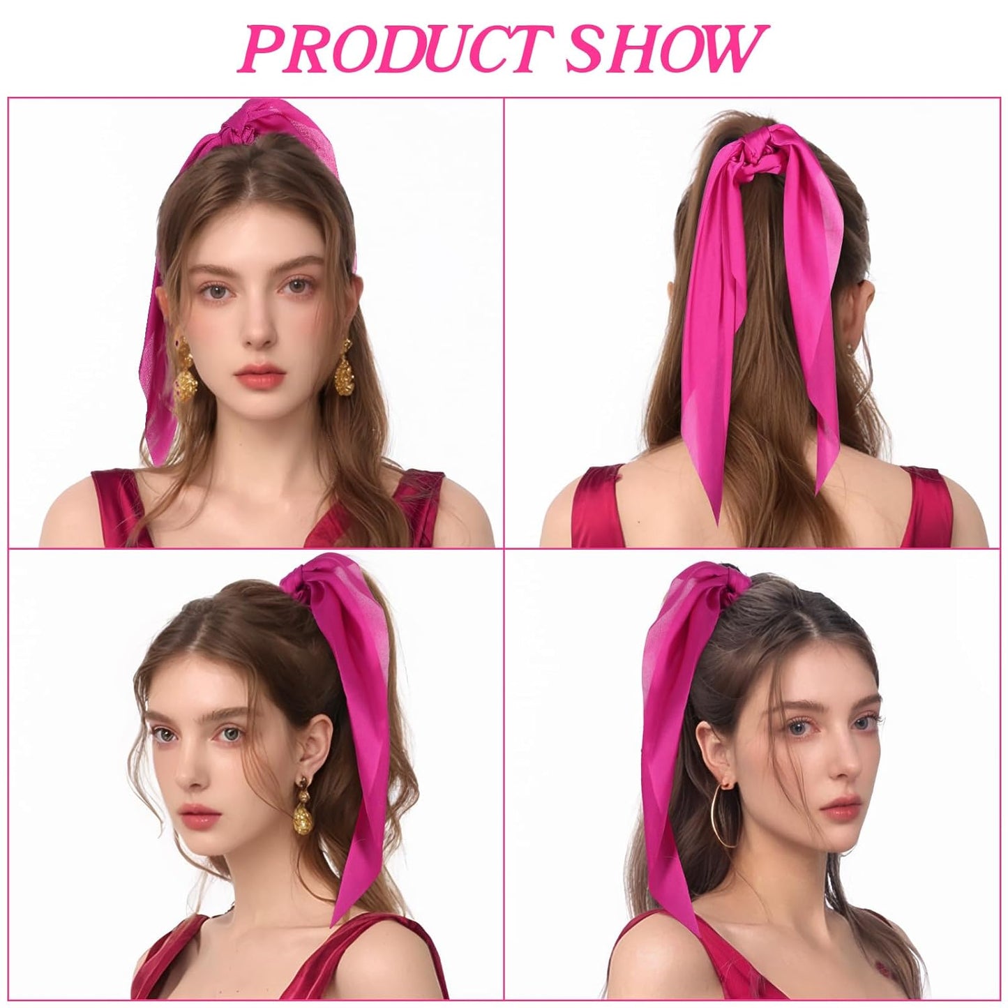 Knotted Bow Scrunchies 2 PCS Silk Scarf Scrunchies Ponytail Holders Hairs Ribbons Ponytail Scarf Knotted Bow Silk Hairs Ties Satin Hair Ribbon Scrunchy for Women Thick Thin Long Hair (Pink)