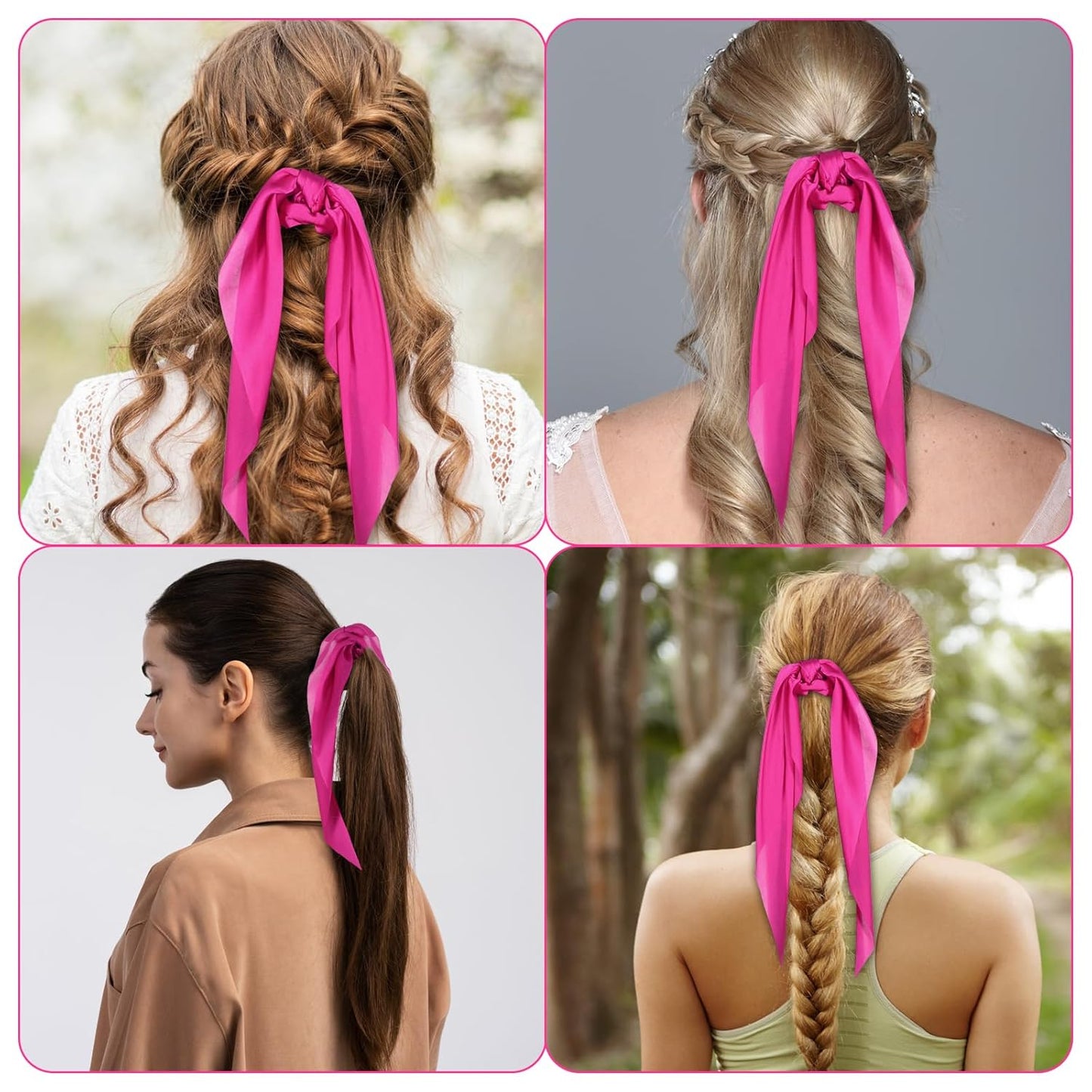 Knotted Bow Scrunchies 2 PCS Silk Scarf Scrunchies Ponytail Holders Hairs Ribbons Ponytail Scarf Knotted Bow Silk Hairs Ties Satin Hair Ribbon Scrunchy for Women Thick Thin Long Hair (Pink)