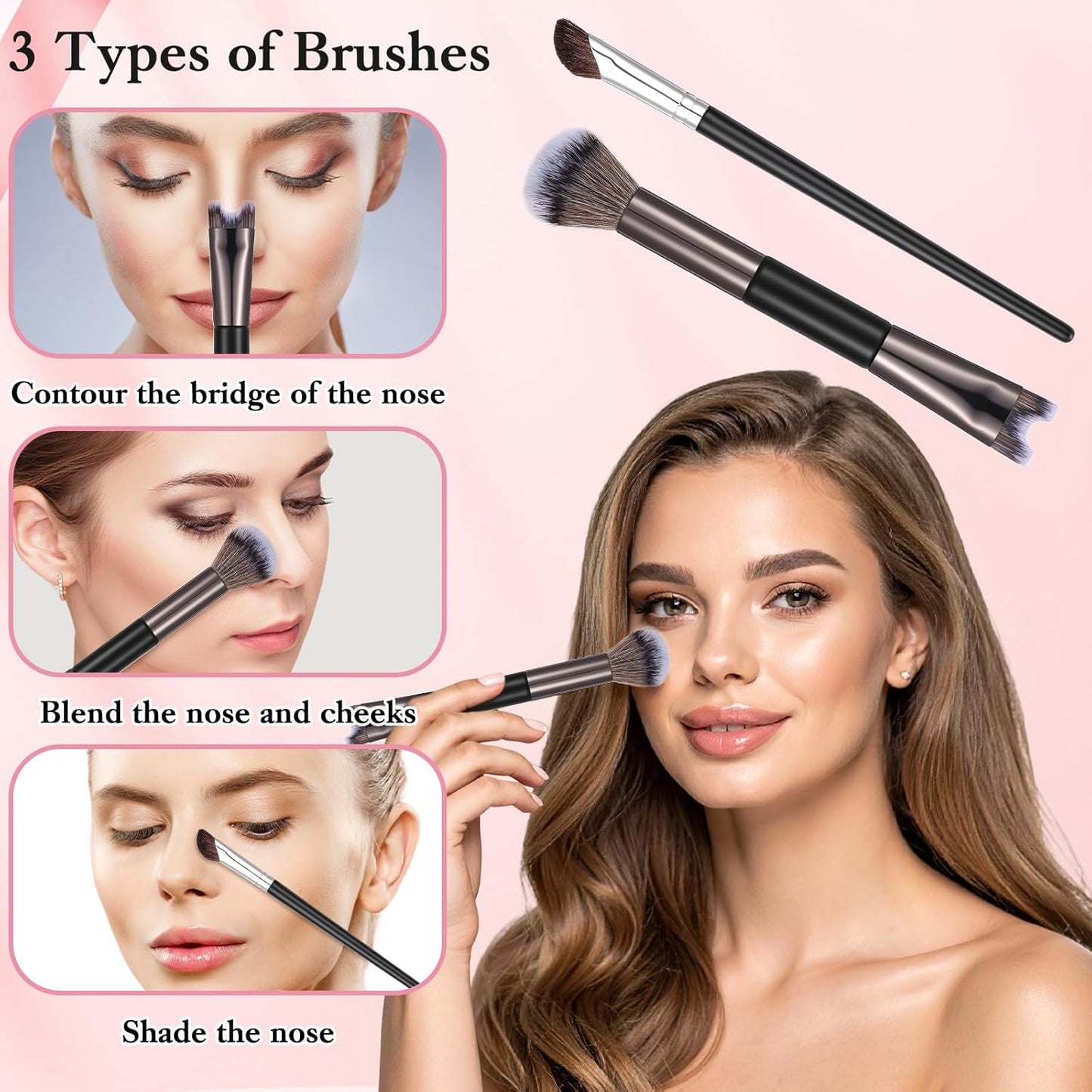 2 PCS Nose Contour Brushes for Makeup, 2-in-1 U-Shaped Fluffy Angled Tilt Brush for Precise Nose Sculpting and Defining, Mini Noses Contour Brush for Makeup Artists (Black and Gray)