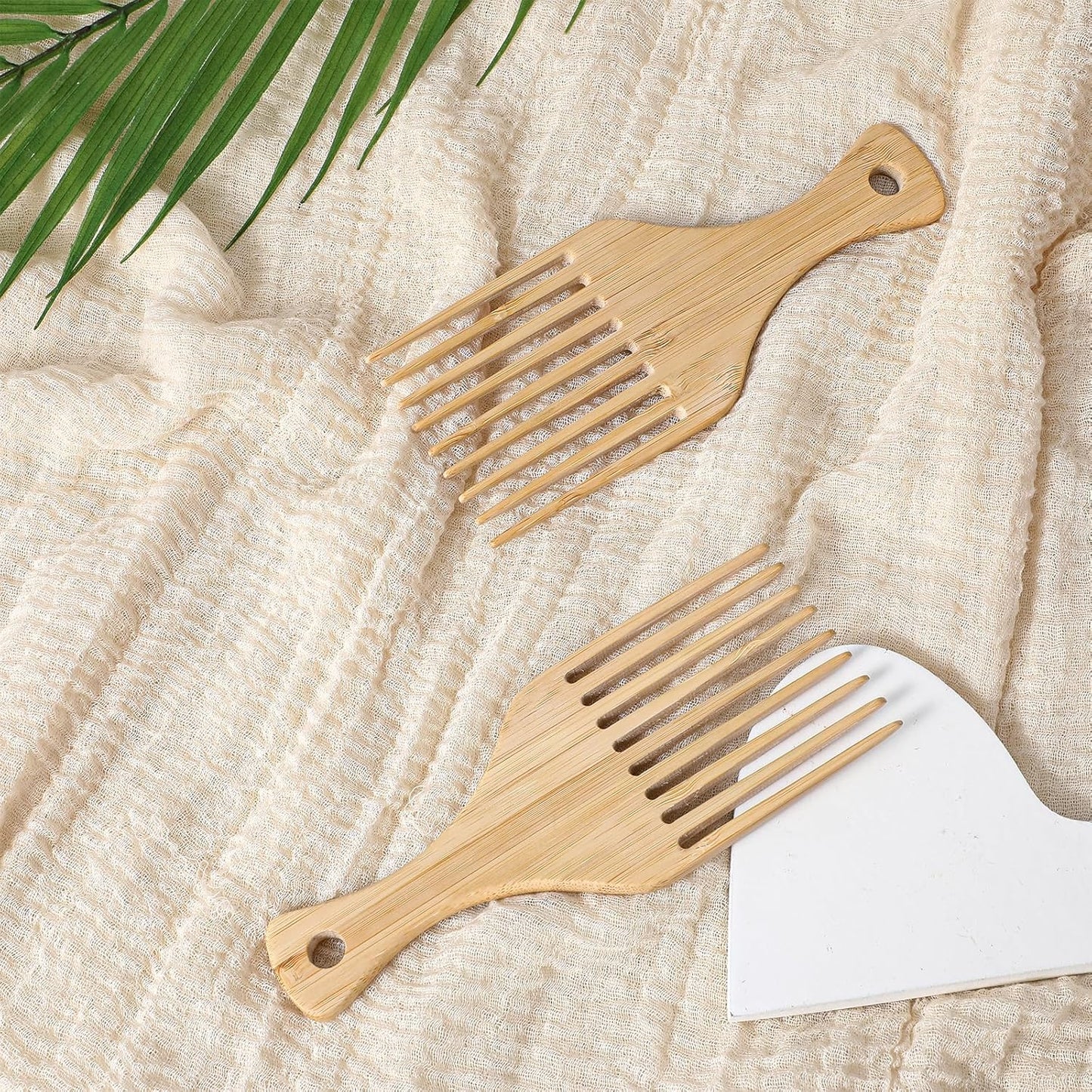 2 PCS Bamboo Comb Set for Afro Hairstyle, Natural Anti-Static Hair Picks for Curly Hair, Wooden Wide Tooth Comb with Pick, Long Tooth Detangling Combs for Men Women Curly Wavy Thick Long Hairs