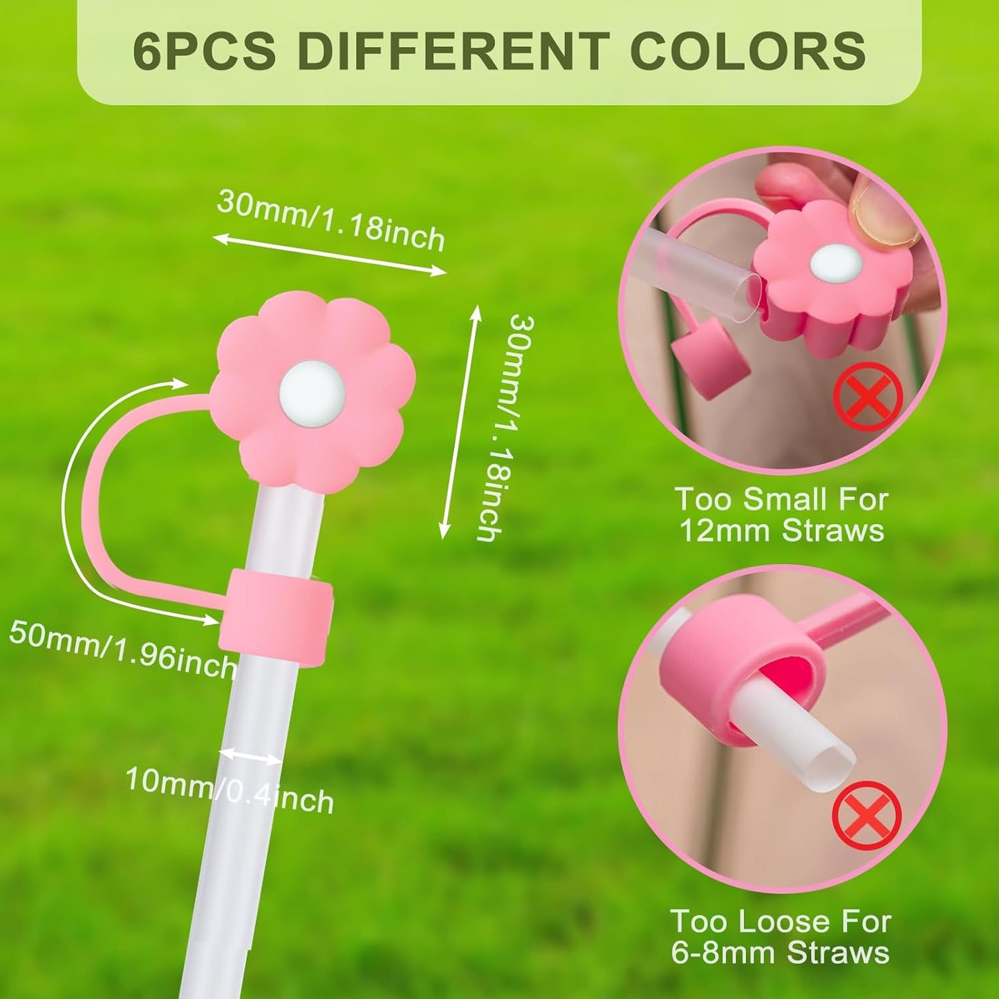 6Pcs Straw Covers Cap Toppers, 0.4in /10mm Straws Cap for 20&30&40oz Tumbler Drinking Cup with Handle, Reusable Cute Silicone Tips Lids Protectors for Water Bottle Accessories, Flower Shape