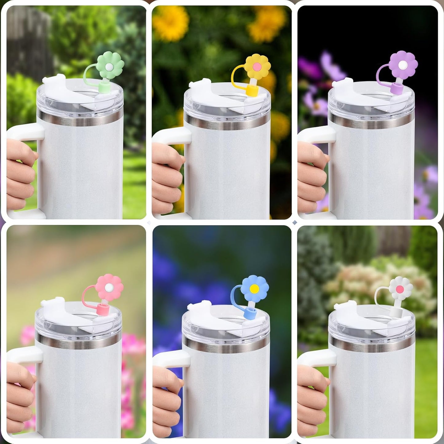 6Pcs Straw Covers Cap Toppers, 0.4in /10mm Straws Cap for 20&30&40oz Tumbler Drinking Cup with Handle, Reusable Cute Silicone Tips Lids Protectors for Water Bottle Accessories, Flower Shape