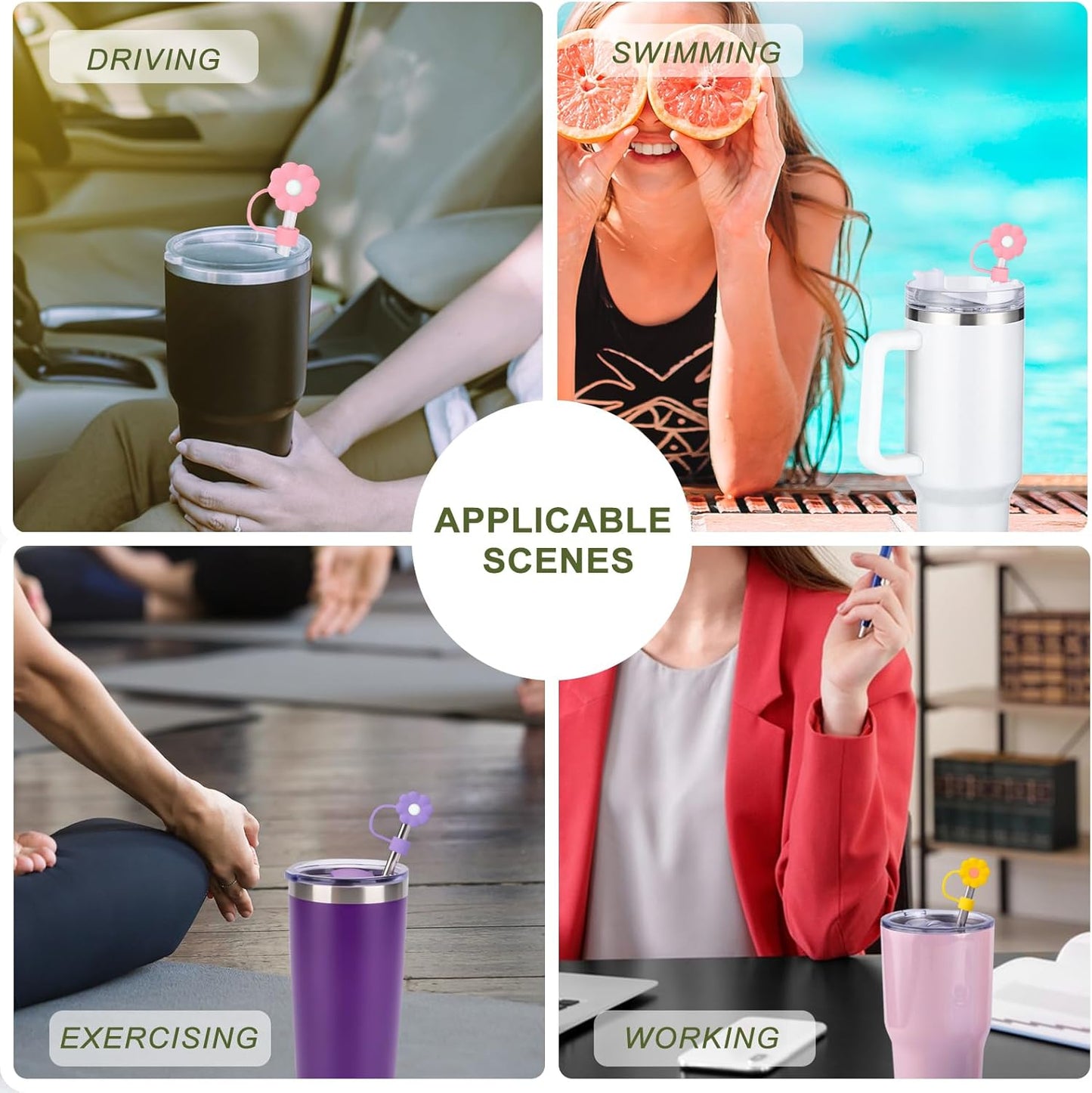 6Pcs Straw Covers Cap Toppers, 0.4in /10mm Straws Cap for 20&30&40oz Tumbler Drinking Cup with Handle, Reusable Cute Silicone Tips Lids Protectors for Water Bottle Accessories, Flower Shape