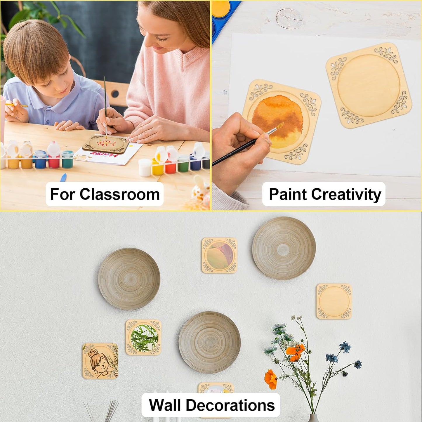 4 Pcs Unfinished Wood Coasters, 4 Inch Square Blank Coaster with Non Slip Pad for DIY Stained Painting Wood Engraving Wedding Halloween Christmas Home Decoration (Square)