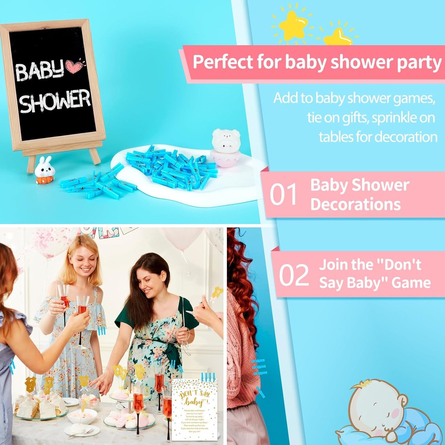 100Pcs Baby Shower Clothespin Games Mini Blue Clothes Pins 1.4 inch for Party Decorations(Blue)