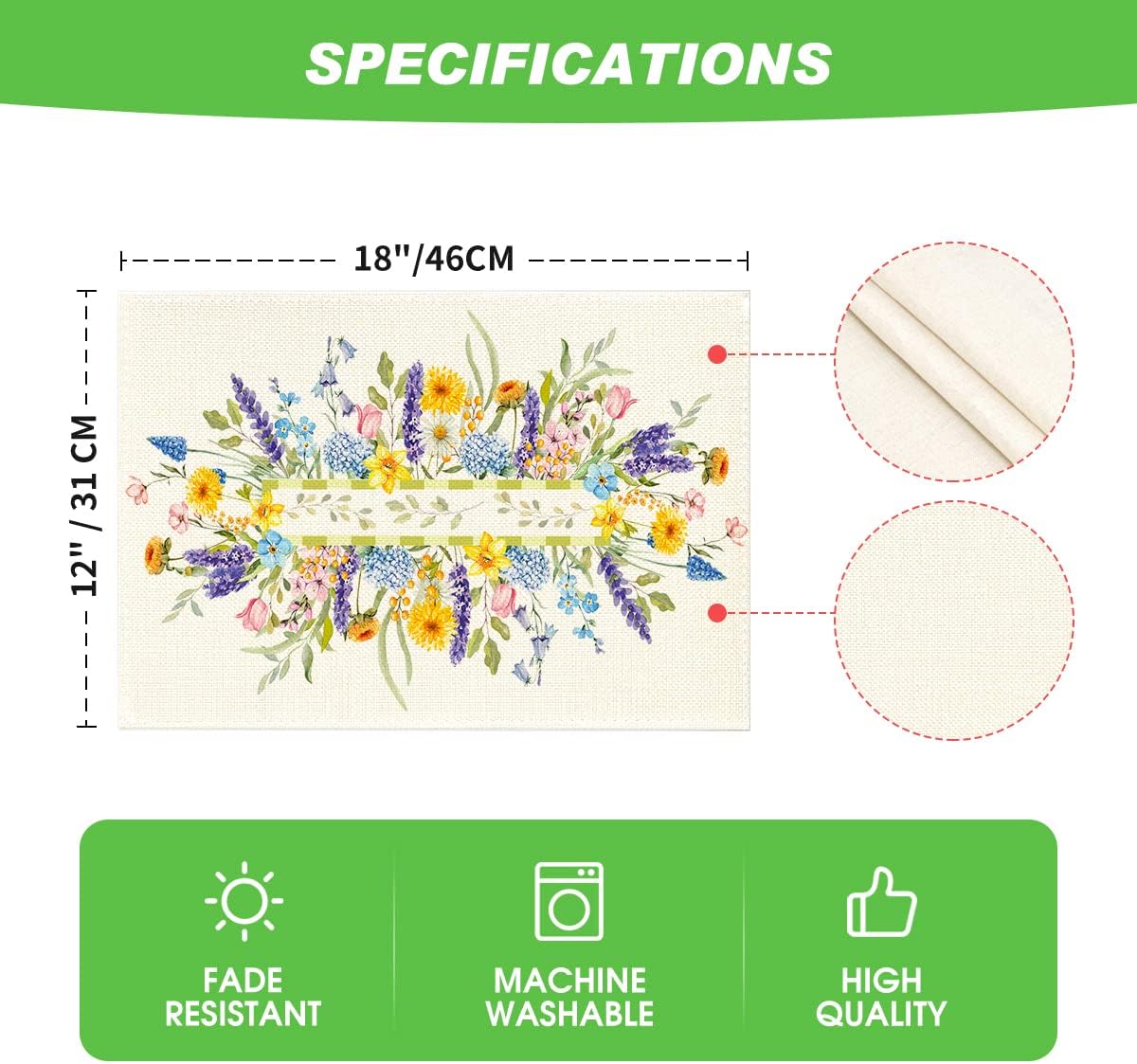 Bloom Flowers Tulip Spring Placemats Set of 4, 12x18 Inch Seasonal Table Mats for Party Kitchen Dining Decoration