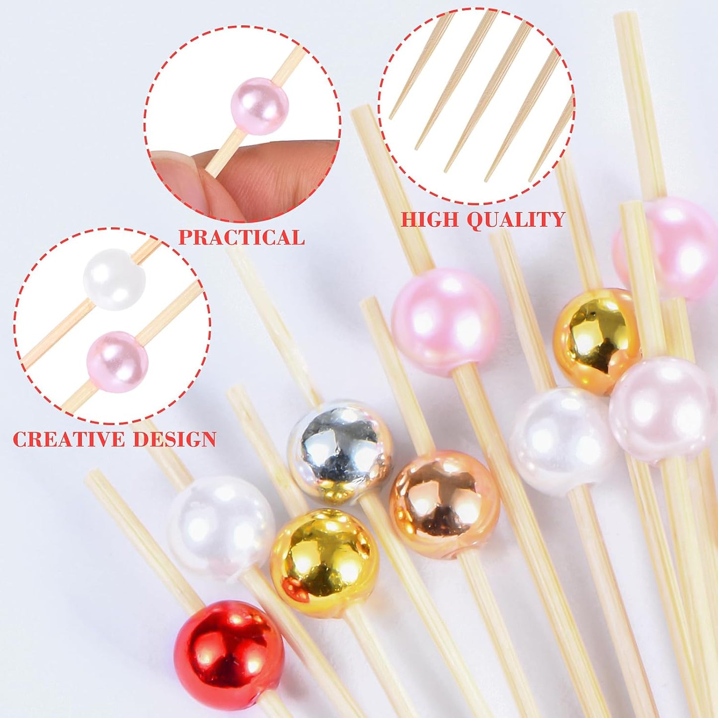 100 Pcs Pearl Toothpicks for Appetizers, 4.7 Inch Pearl Cocktail Picks for Party Decoration, Appetizer Skewers for Charcuterie Sandwich Burgers Fruit Drinks Party (Pink)
