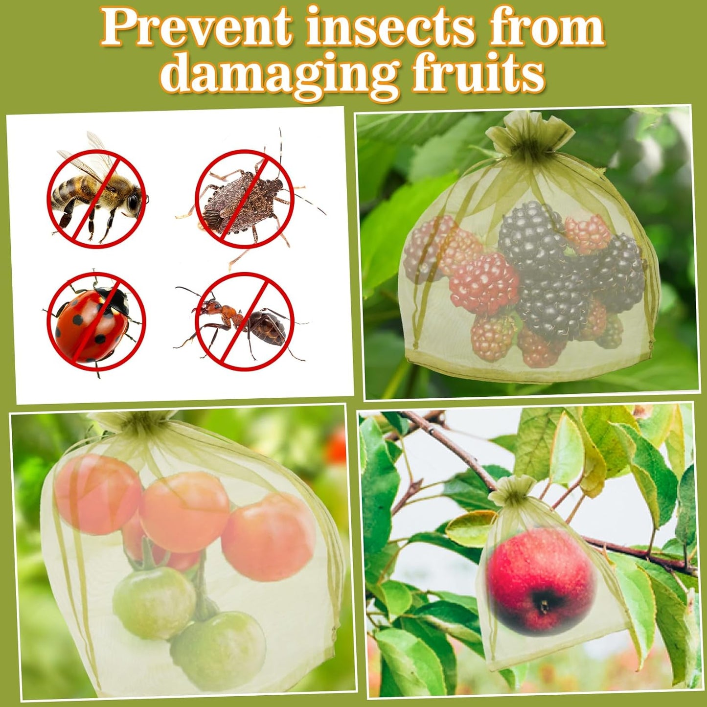 50PCS Fruit Protection Bags - 6"x8" Fruit Cover for Fruit Tree Netting Fruit Nets to Protect Fruit Mesh Fruit Bags Organza Bags Green Net Bags for Fruits & Vegetables Reusable