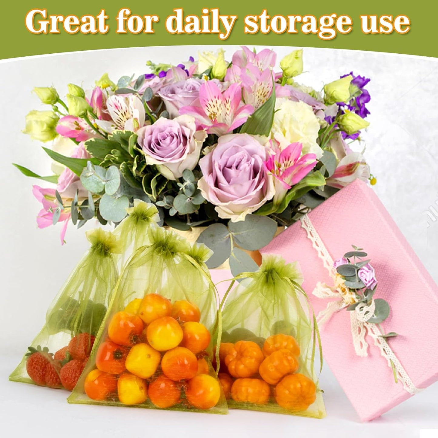 50PCS Fruit Protection Bags - 6"x8" Fruit Cover for Fruit Tree Netting Fruit Nets to Protect Fruit Mesh Fruit Bags Organza Bags Green Net Bags for Fruits & Vegetables Reusable