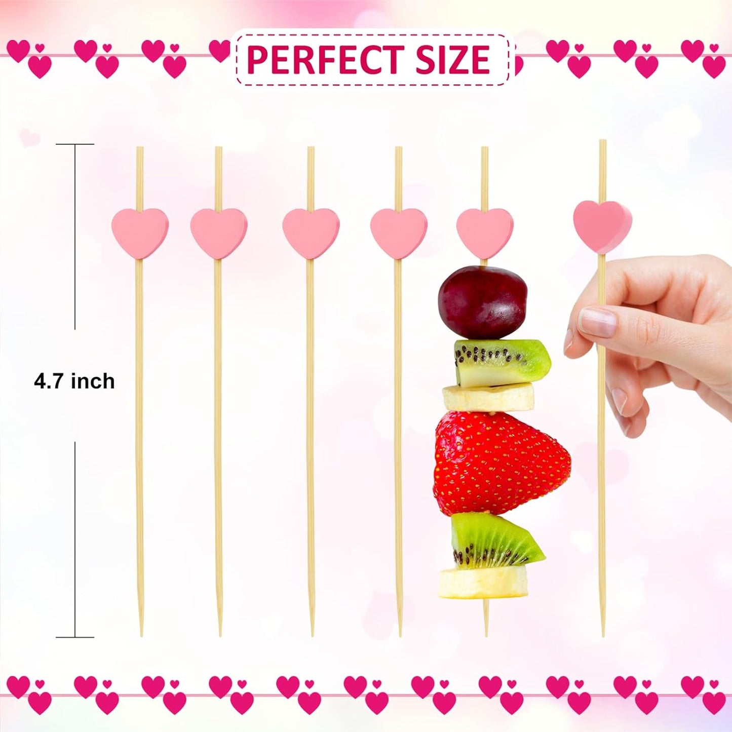 Pink Heart Cocktail Picks, Valentines Galentines Day Decorations Toothpicks for Appetizers, 4.7 IN Long Fancy Bamboo Food Skewers Wooden Charcuterie Sticks for Drinks Party Supplies Wedding Decor 100