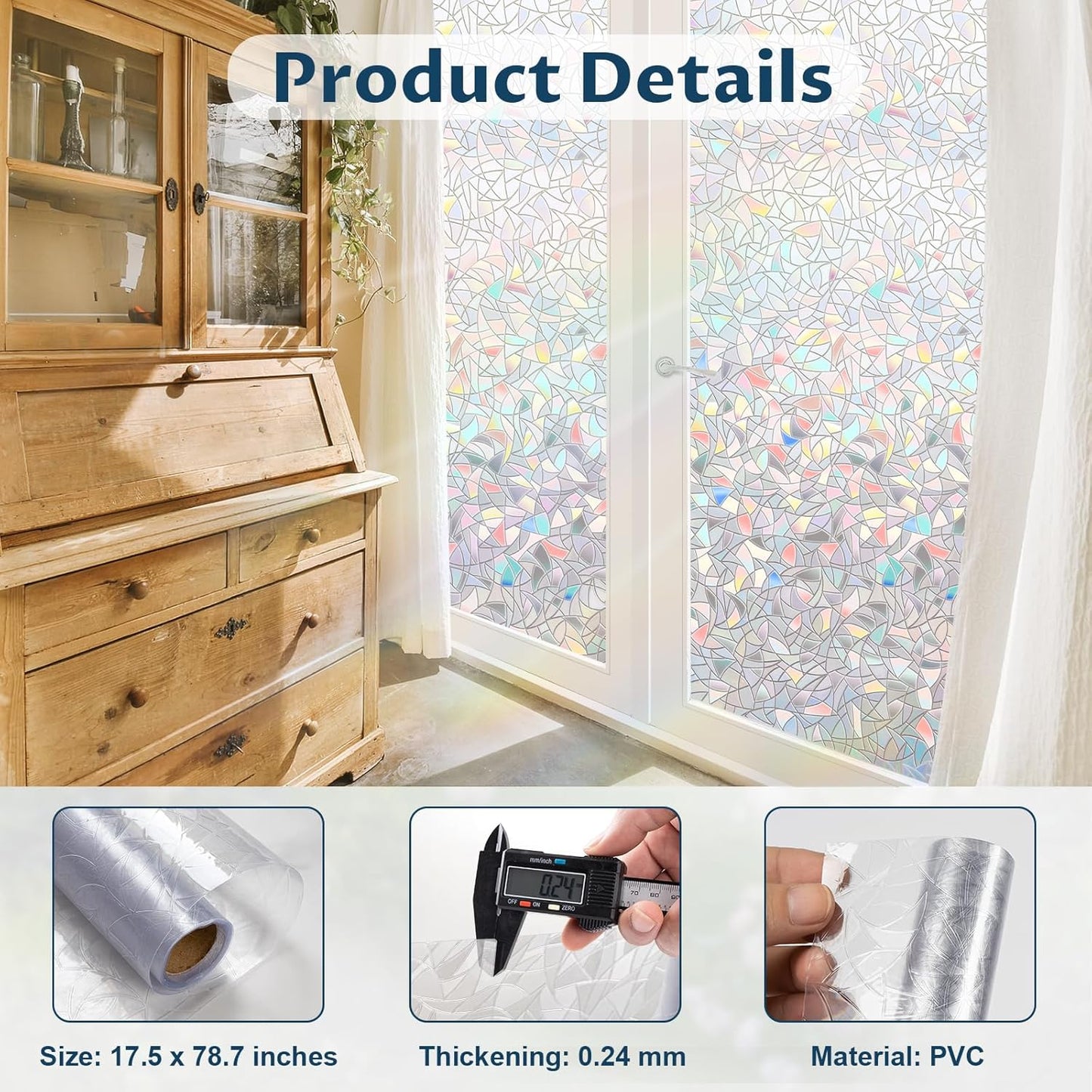 Rainbow Window Privacy Film Non-Adhesive Sun Blocking Reusable and Removable Glass Film Door Coverings for Bathroom, Home, Office, 17.5 x 78.7 Inch