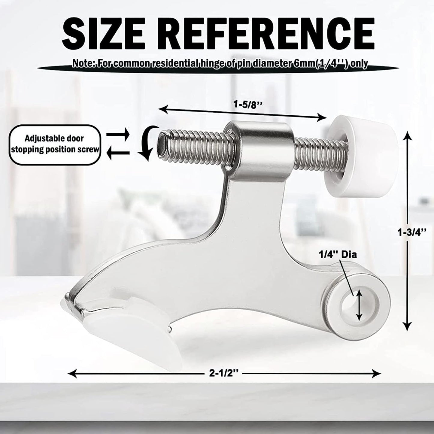 Hinge Pin Door Stopper, 2 Pcs Heavy Duty Hinge Pin Stopper, Adjustable Door Stopper with White Rubber Bumper Tips, Striking Wall Dents from Door Knobs, Silver