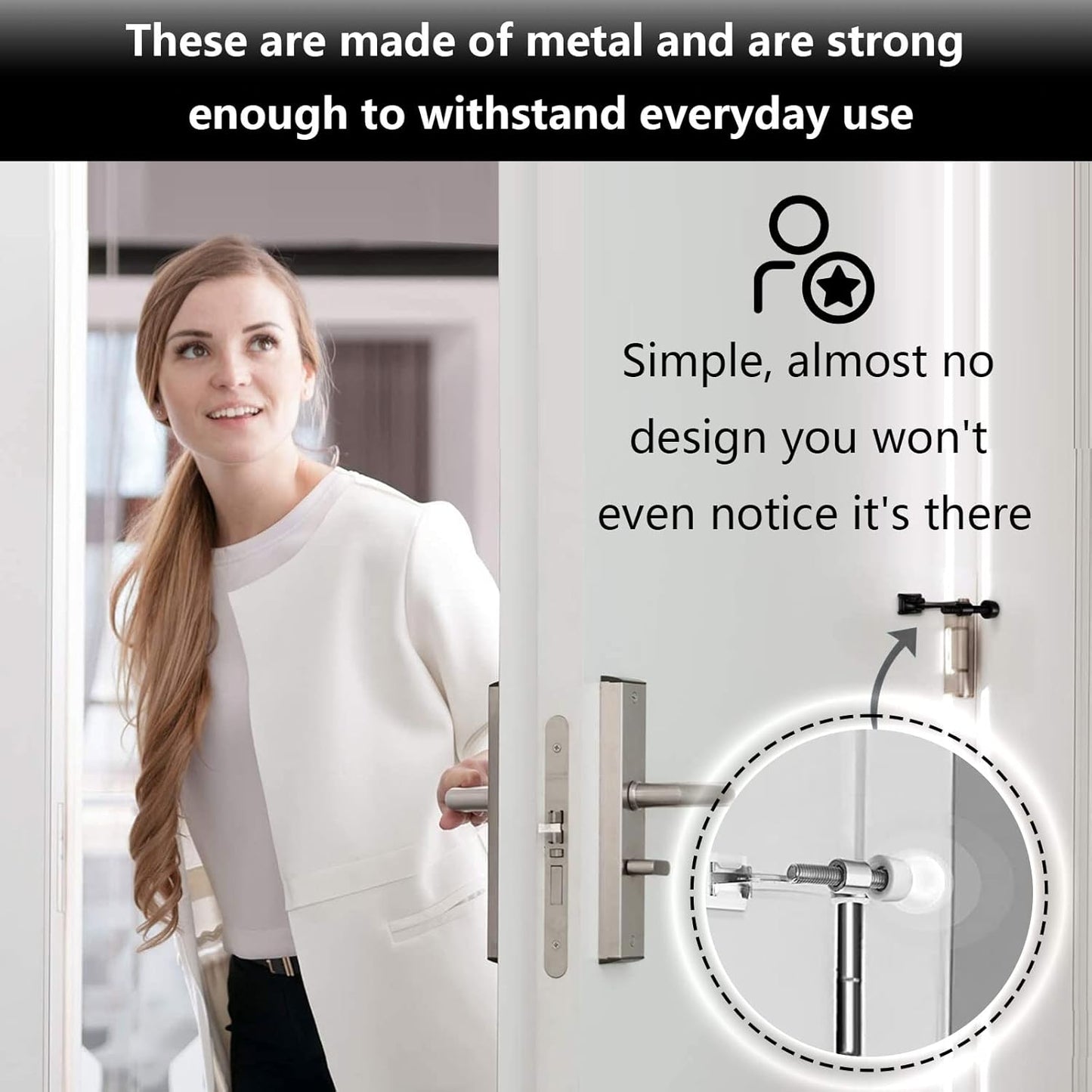 Hinge Pin Door Stopper, 2 Pcs Heavy Duty Hinge Pin Stopper, Adjustable Door Stopper with White Rubber Bumper Tips, Striking Wall Dents from Door Knobs, Silver