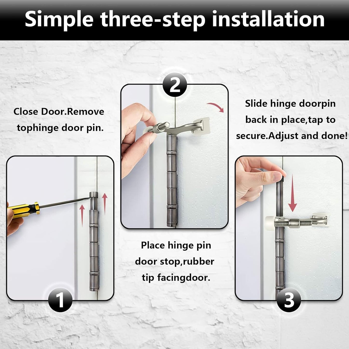 Hinge Pin Door Stopper, 2 Pcs Heavy Duty Hinge Pin Stopper, Adjustable Door Stopper with White Rubber Bumper Tips, Striking Wall Dents from Door Knobs, Silver