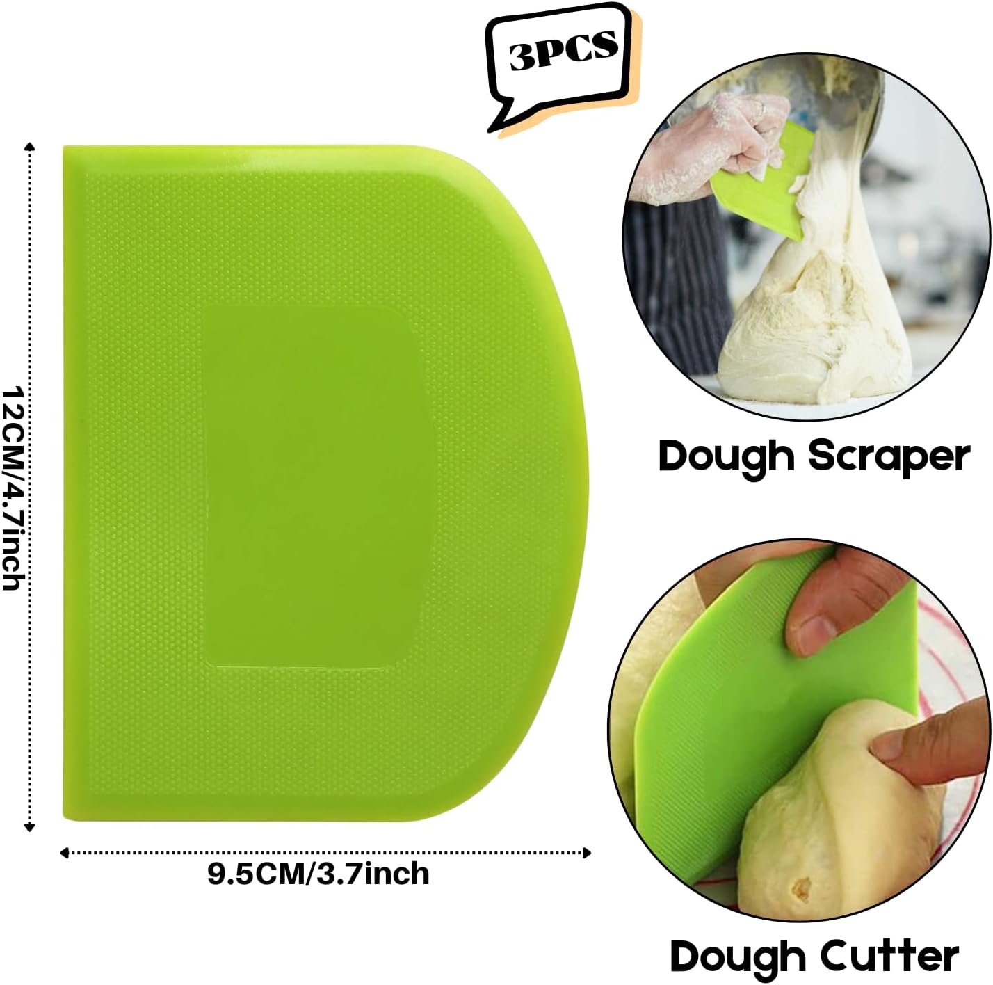 Dough Scraper Bench Scraper - 3P 4.7x3.7" Plastic Flexible Bowl Scraper, Sharp Edge & Angles Cake Scraper. Non-Slip Bakeware Decorating Tools Sculpting & Modeling Tools - Green+White+Green