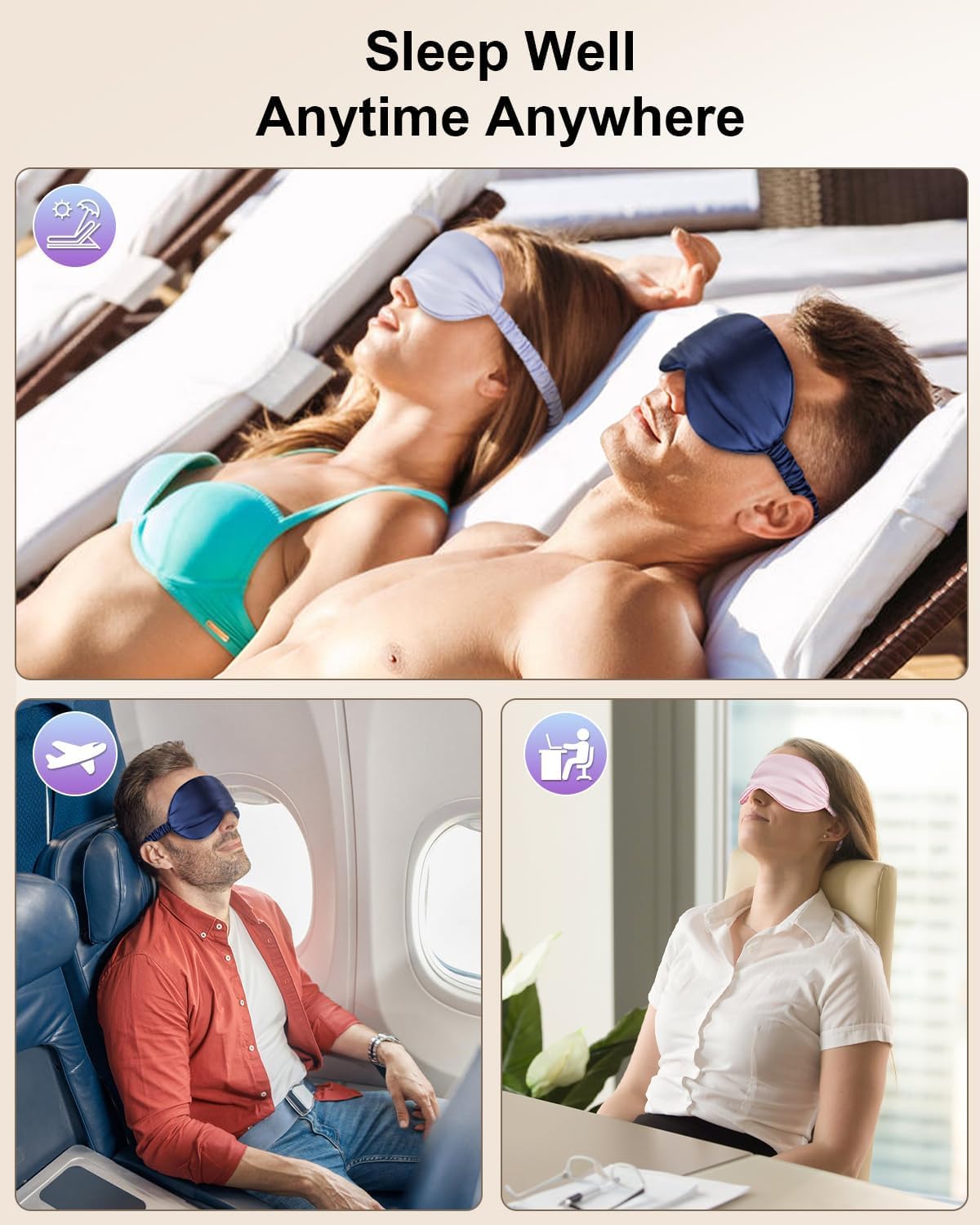 2Pack Silk Sleep Mask, Eye Mask for Sleeping,Elastic Blackout Eye Mask & Blindfold for Full Night's Sleep,Travel and Nap(Black+Purple)